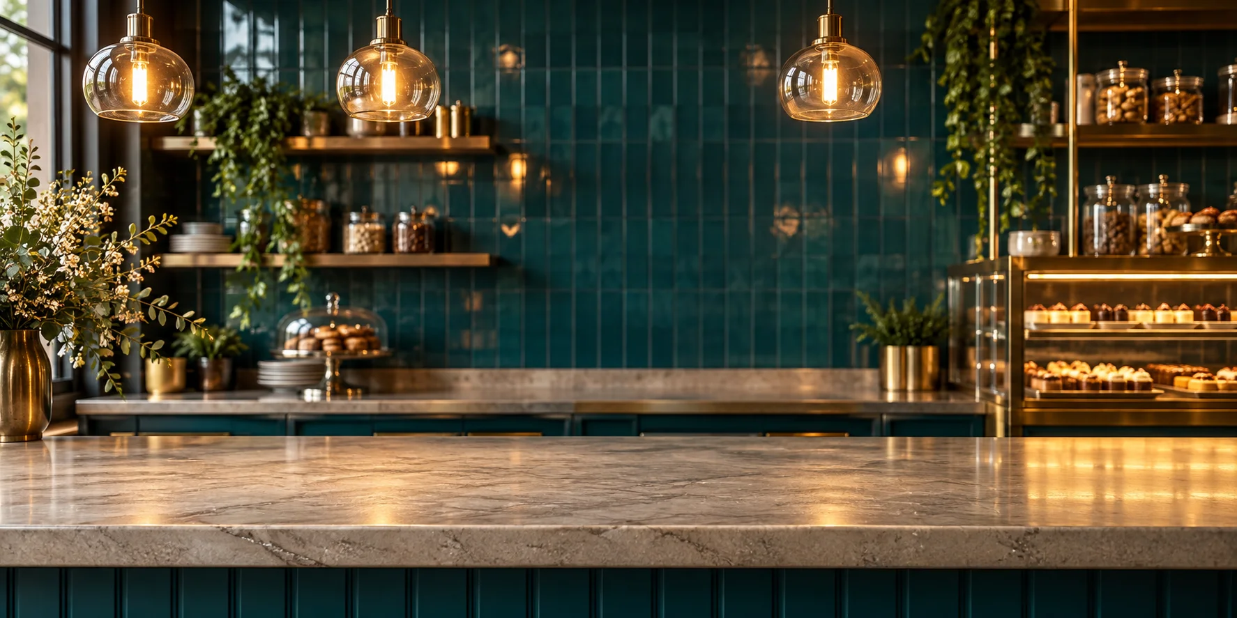 A warmly lit dessert cafe with a stone counter