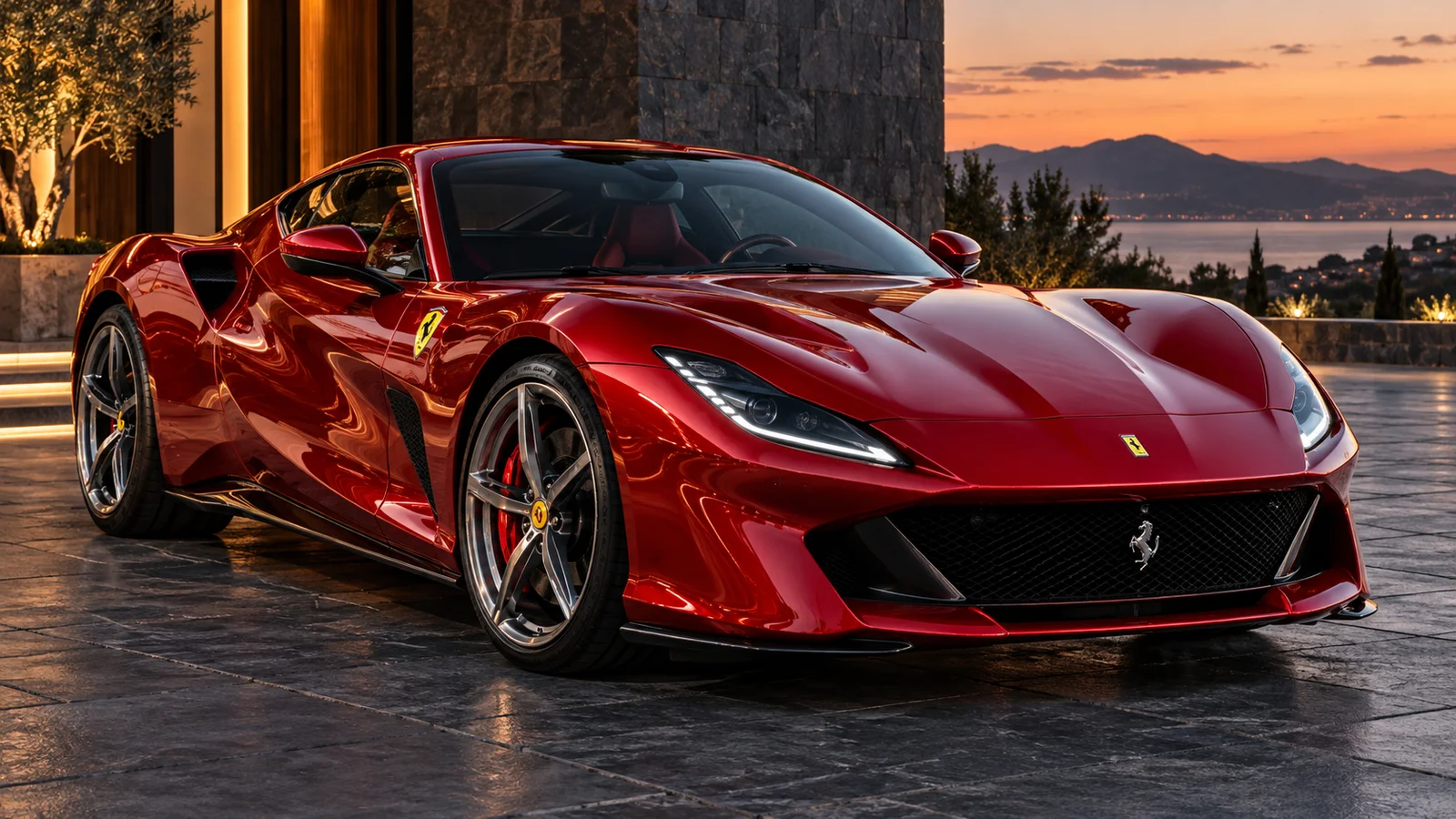 Polished Ferrari in an architectural setting