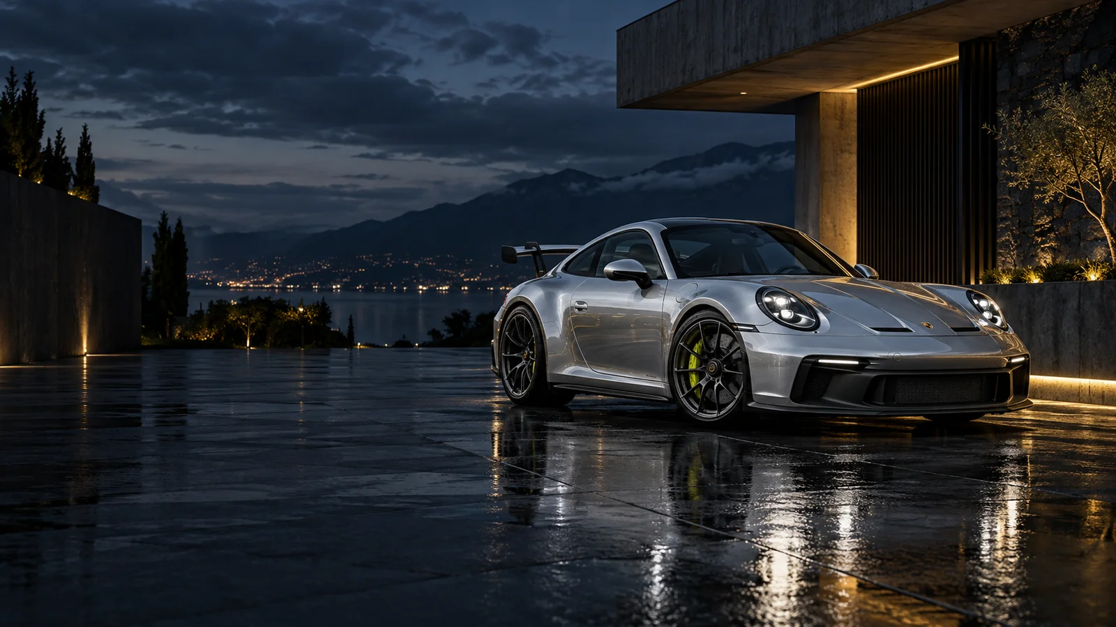 An immaculate silver Porsche GT3 on a modern architectural driveway