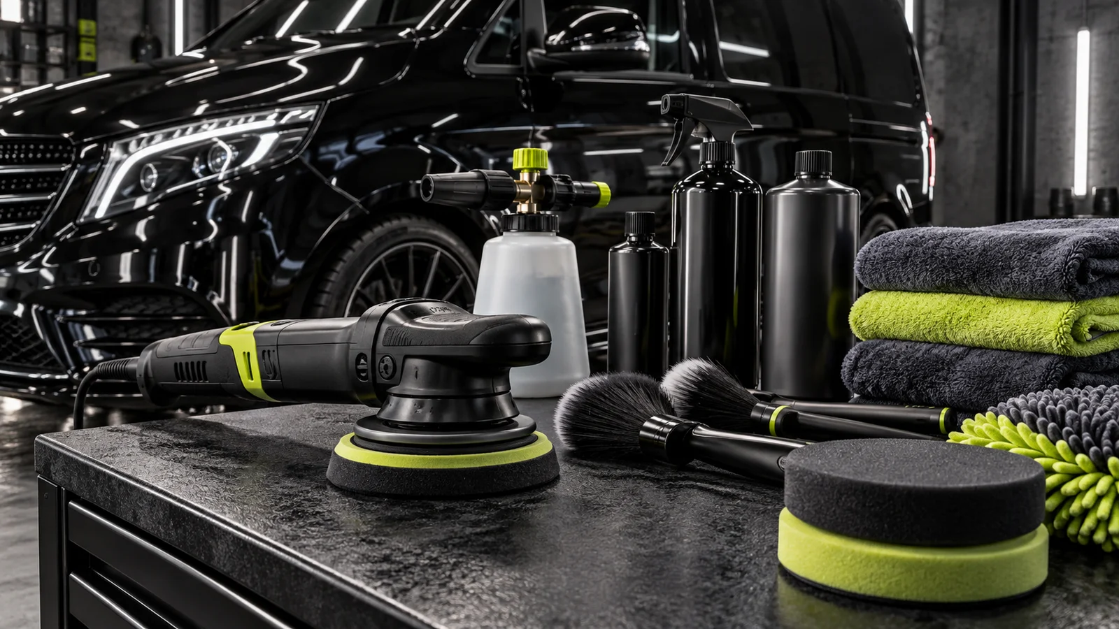 A polisher, foam cannon, brushes and neatly folded microfibre towels