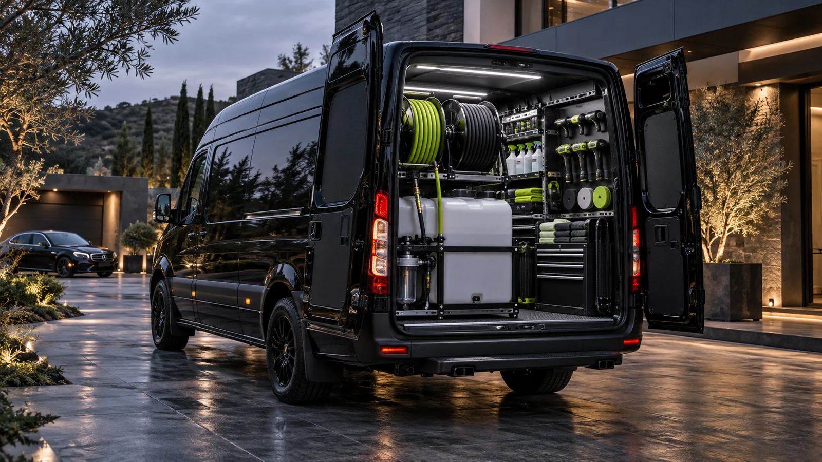 A black detailing van with an organised professional equipment setup in the open rear