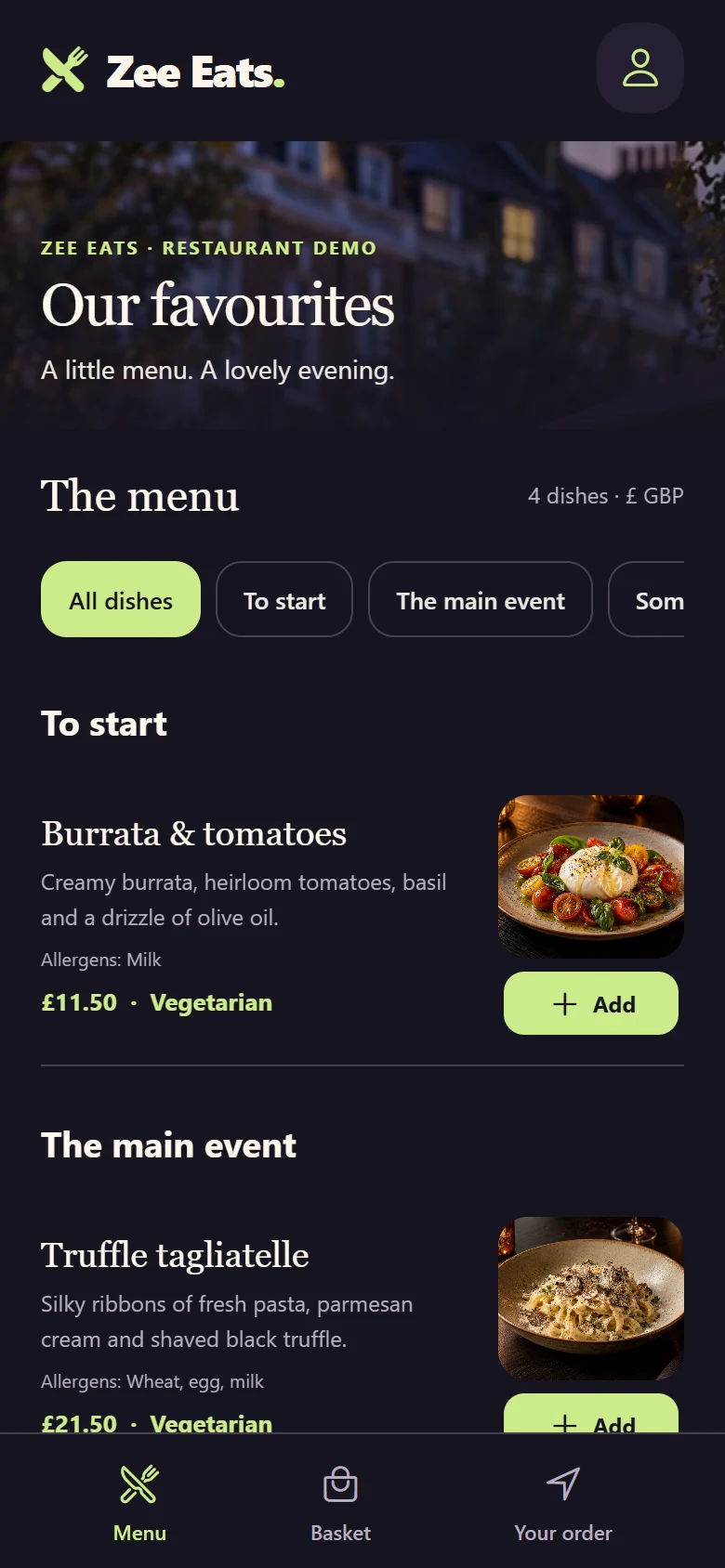 Zee Eats app screen
