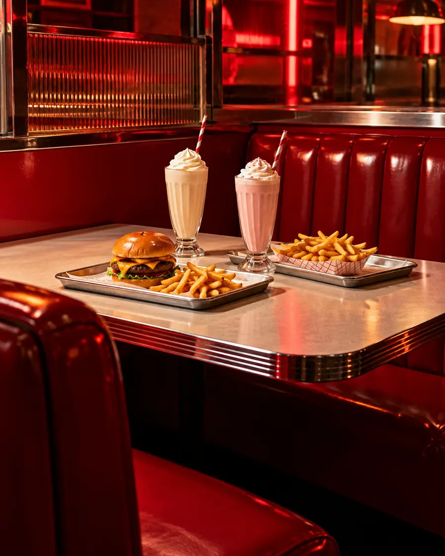 An empty red booth set with burgers, fries and shakes under neon light