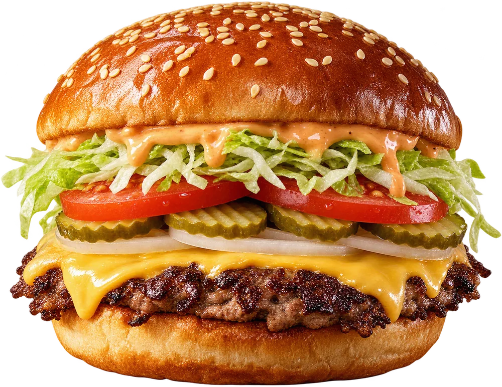 The OG Smash: a double smash burger with cheese, pickles, onion, tomato, lettuce and sauce