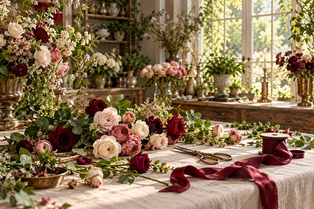 Fresh flowers, linen and silk ribbon on a floristry worktable
