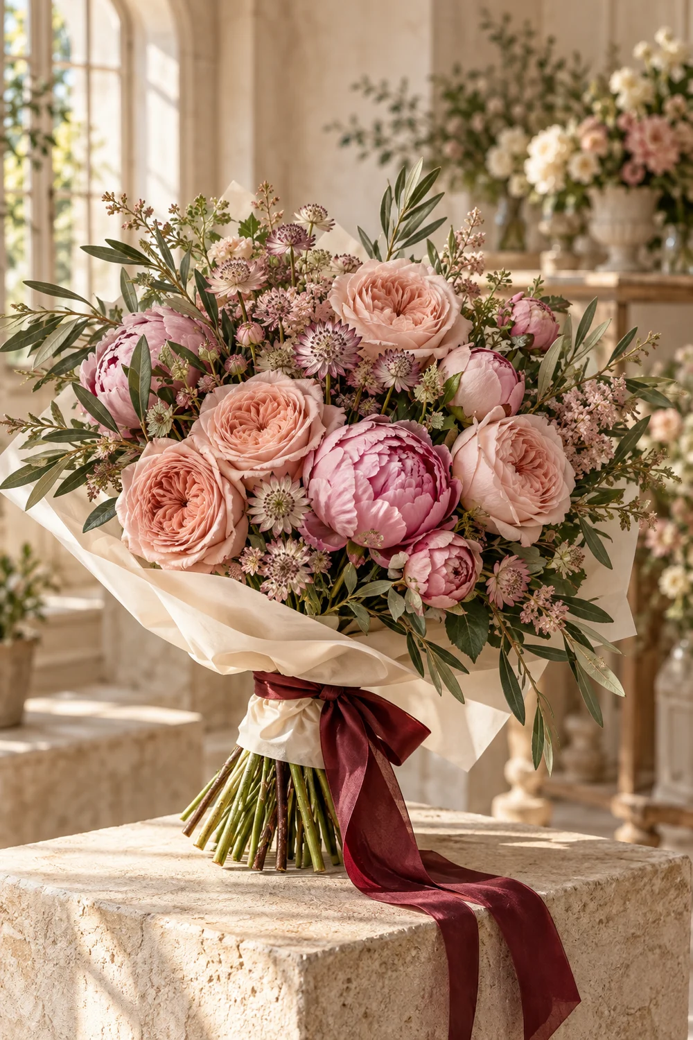 Pink garden roses · peonies · astrantia