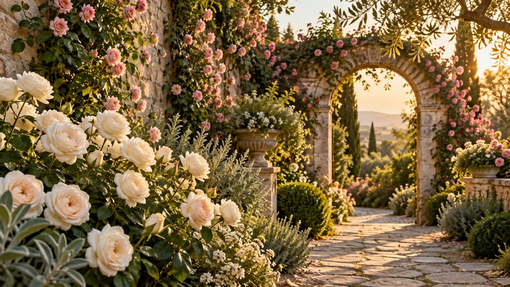 Climbing roses in a sunlit walled garden
