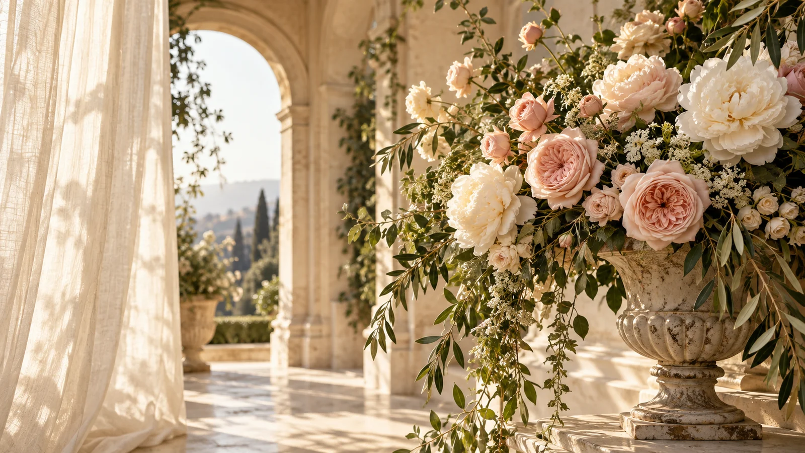 Garden roses and peonies in a sunlit ivory conservatory