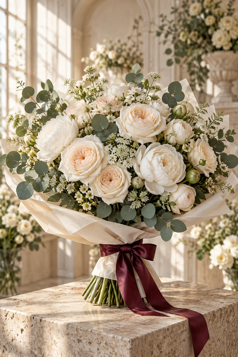 Ivory garden roses · white peonies · eucalyptus