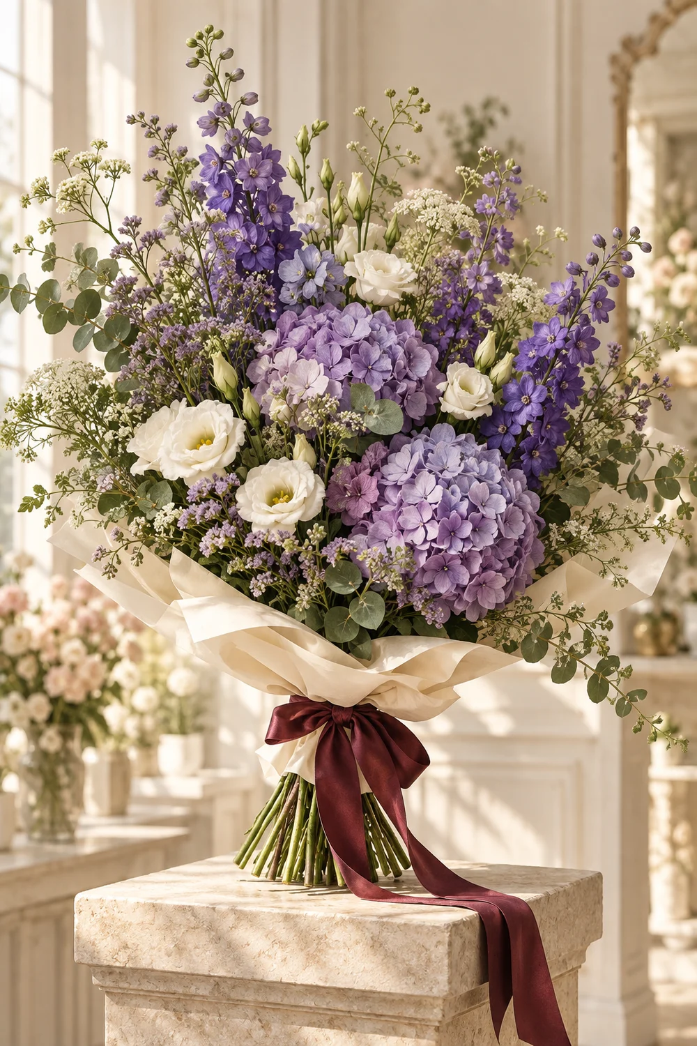 Hydrangeas · delphinium · lisianthus