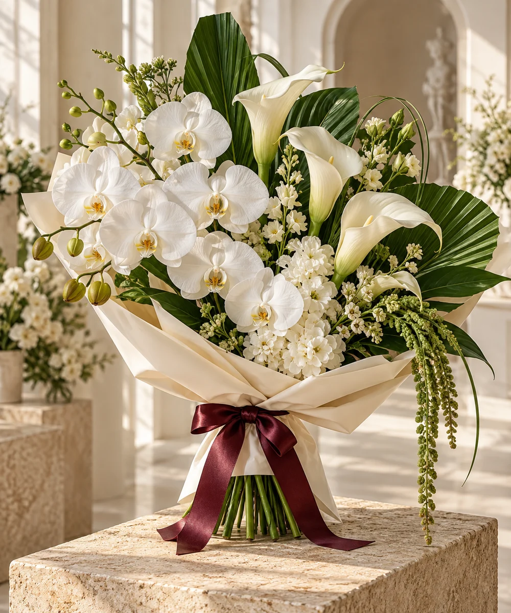 White orchids · calla lilies · architectural leaves