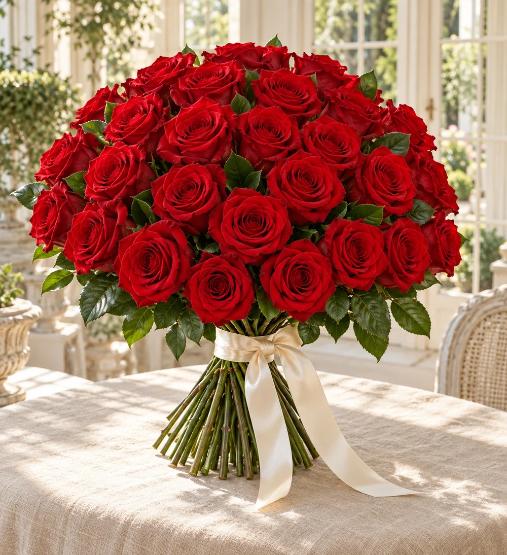 Red roses · natural rose foliage · ivory ribbon