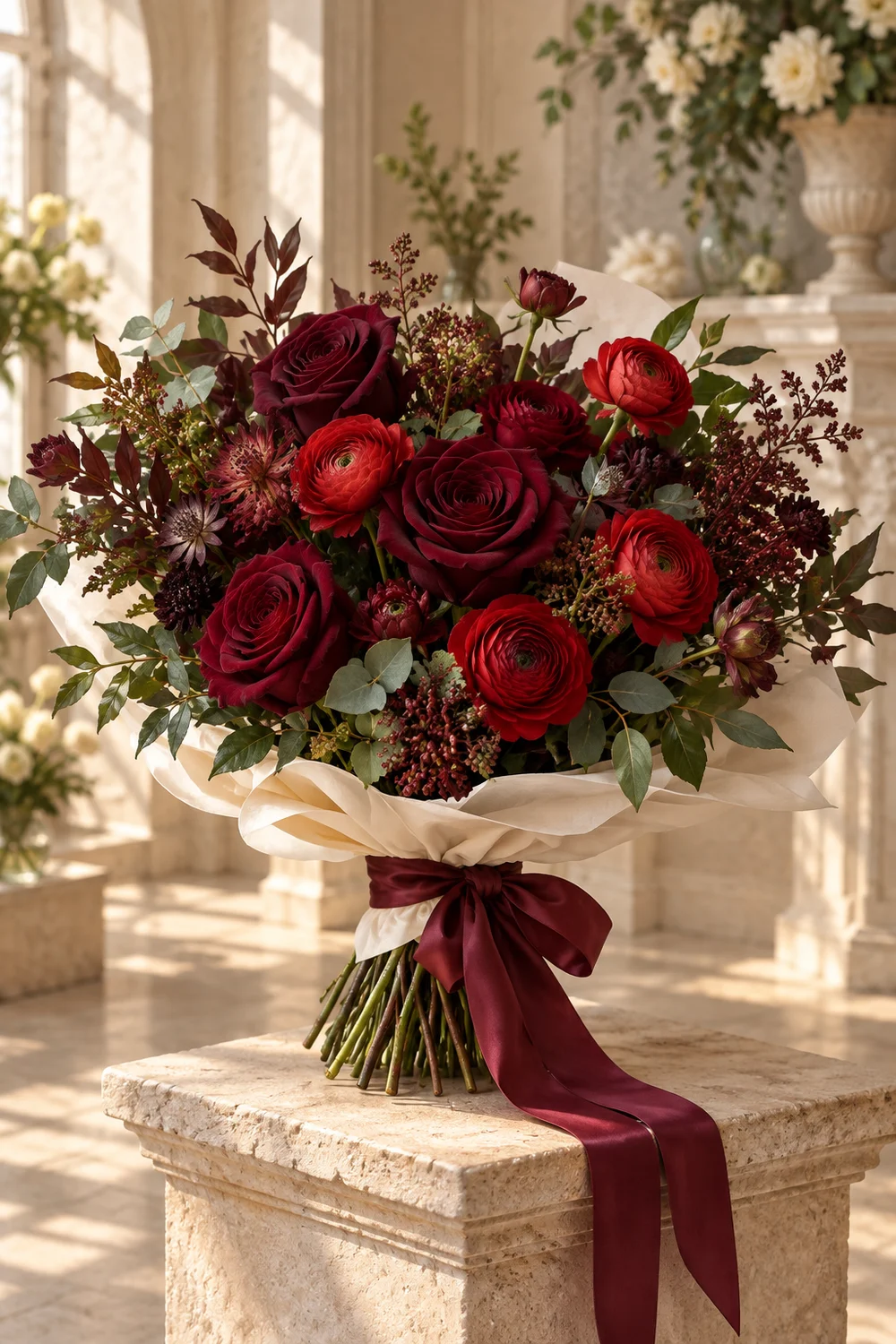 Burgundy roses · red ranunculus · foliage