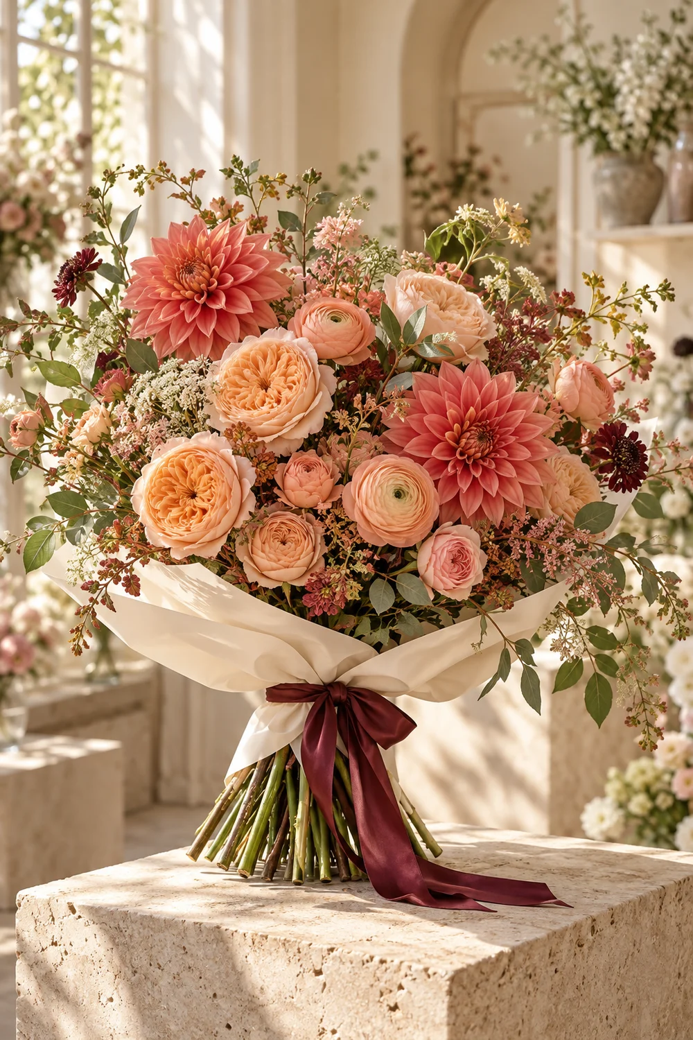 Coral dahlias · peach ranunculus · garden roses