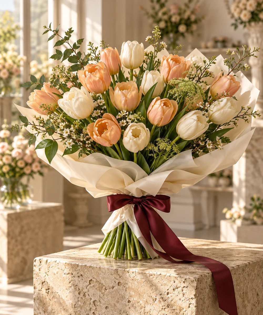 Apricot tulips · ivory tulips · foliage