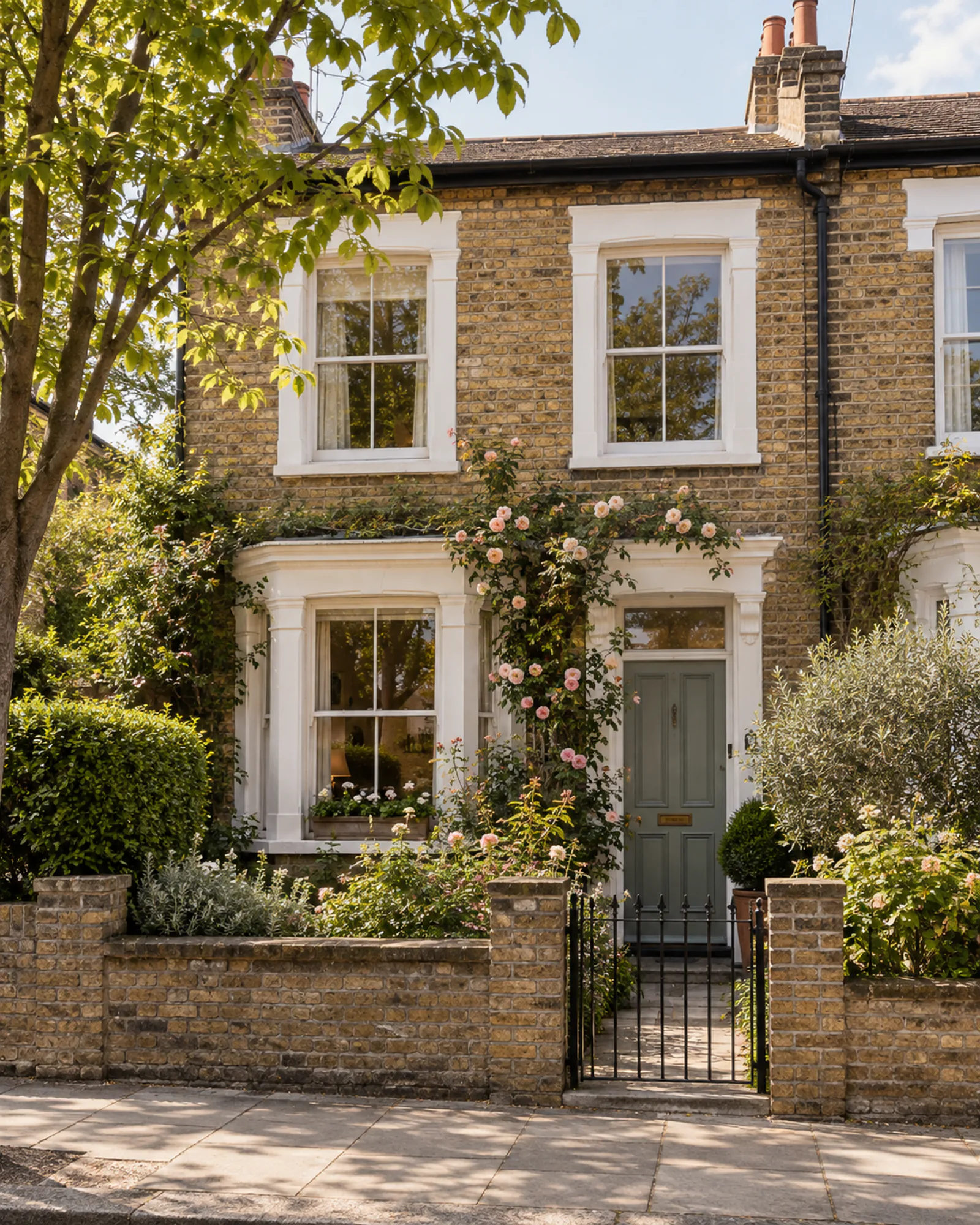 Brick cottage with roses at the gate