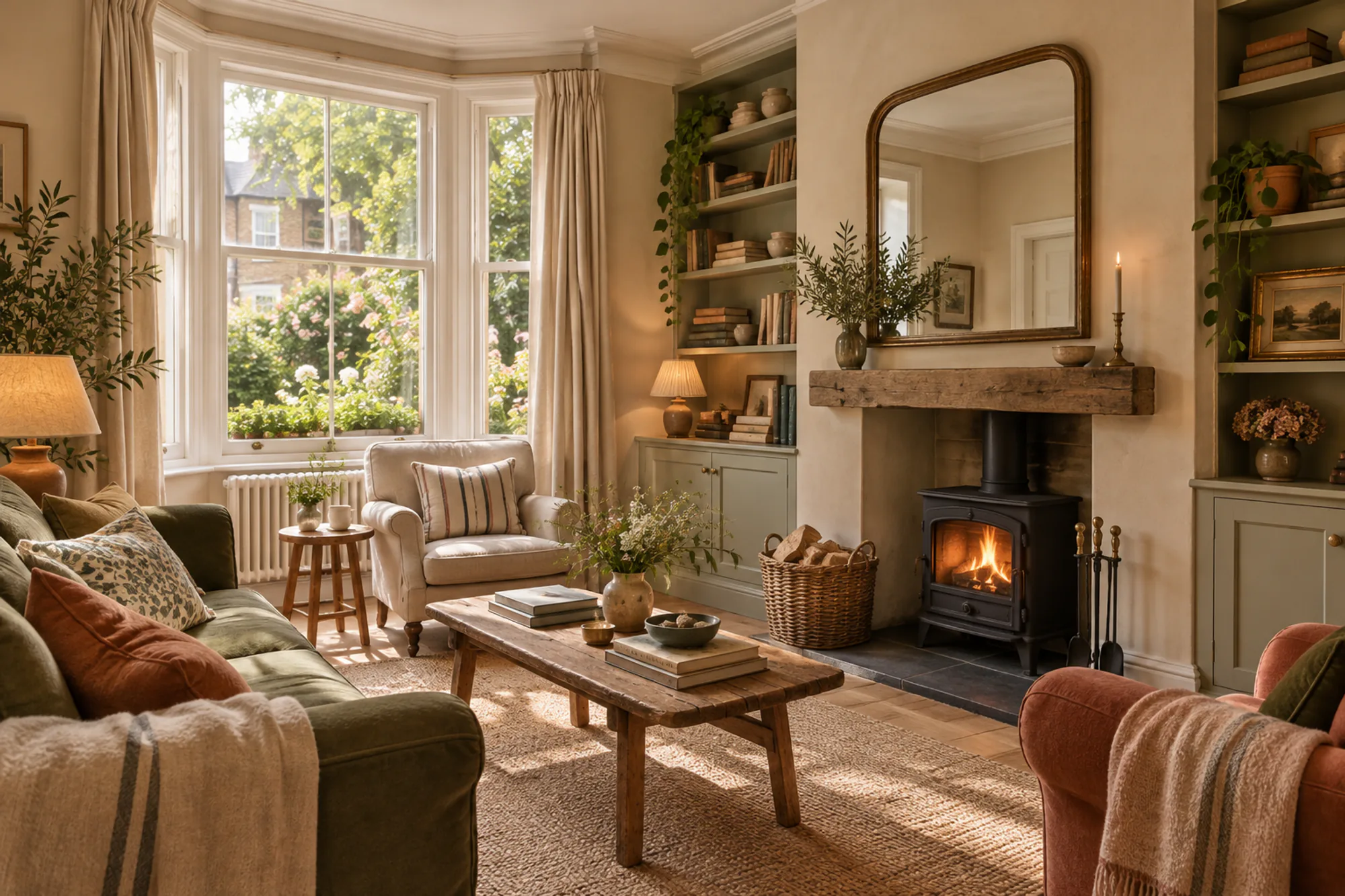 Cosy sitting room with a wood burner