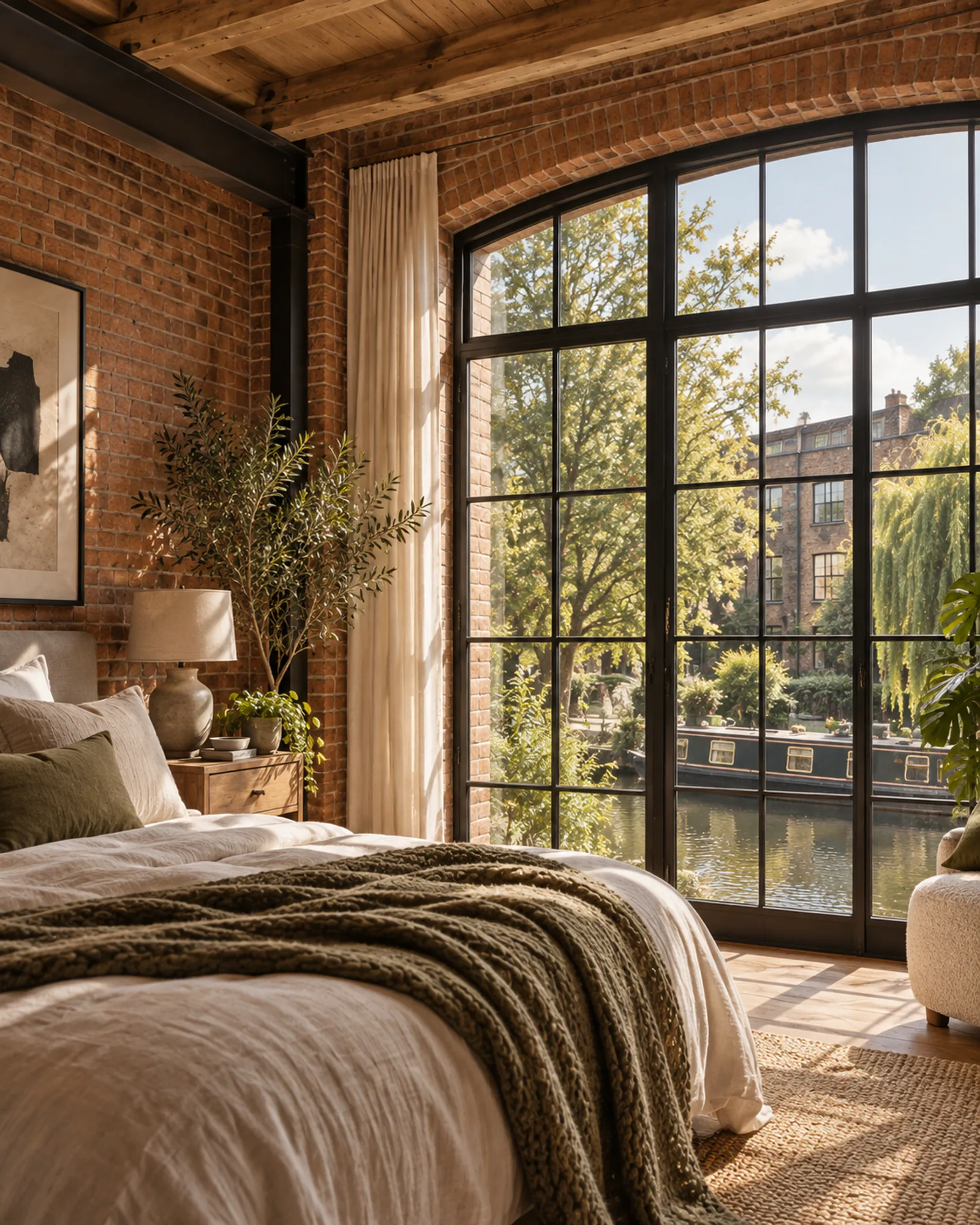 Bedroom with a tall arched window over the water