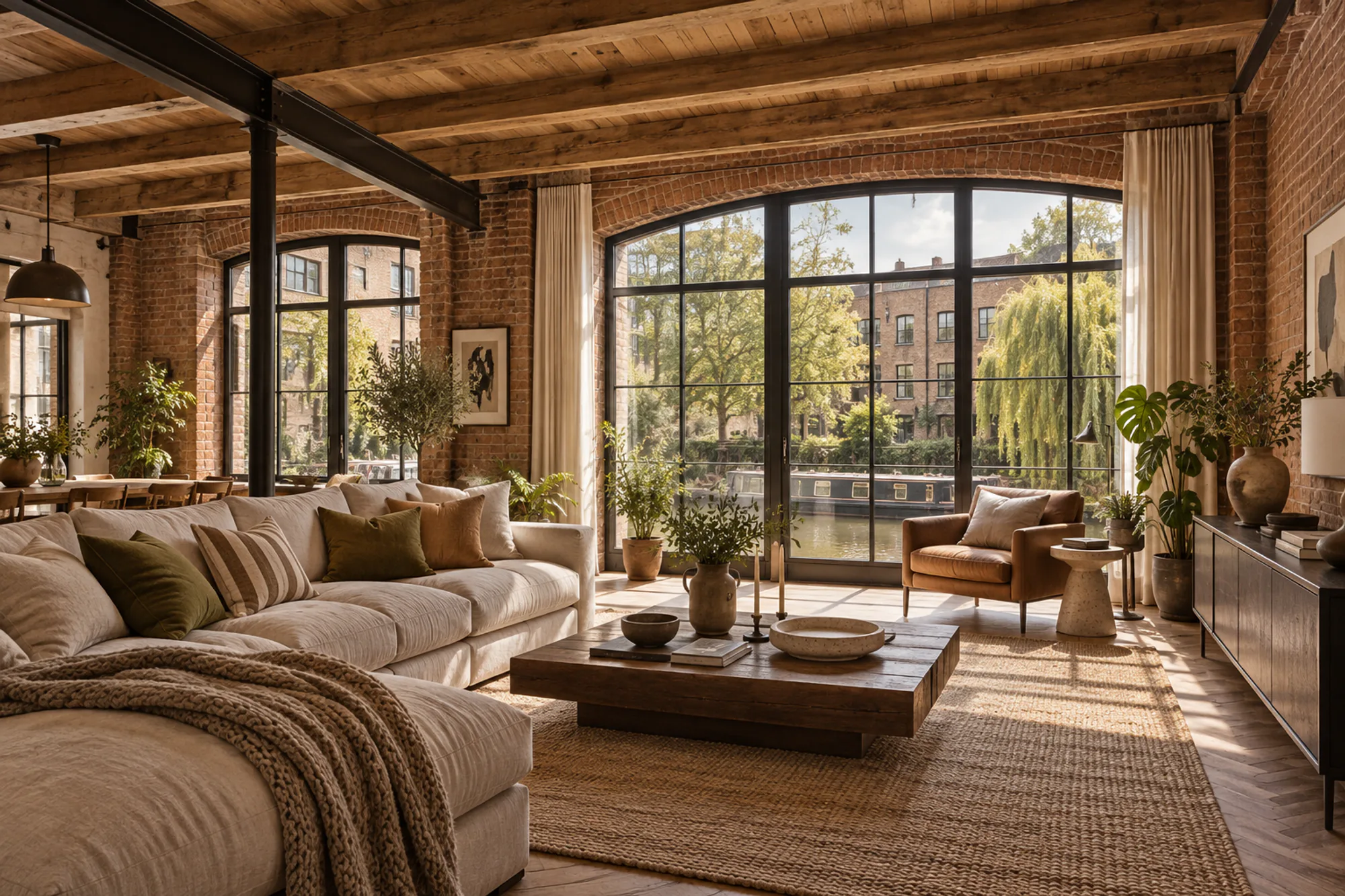 Loft living room with steel windows