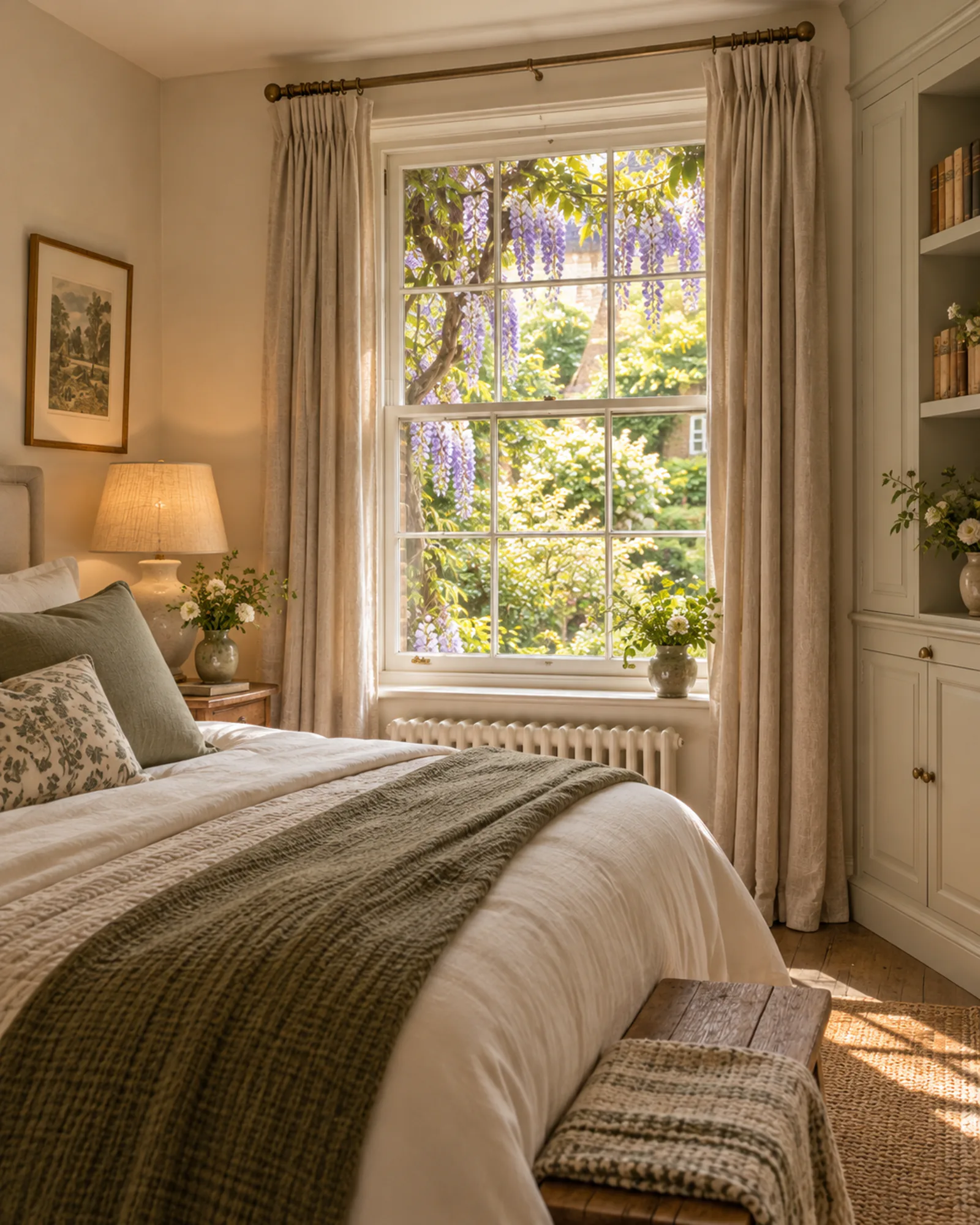 Bedroom with wisteria at the window