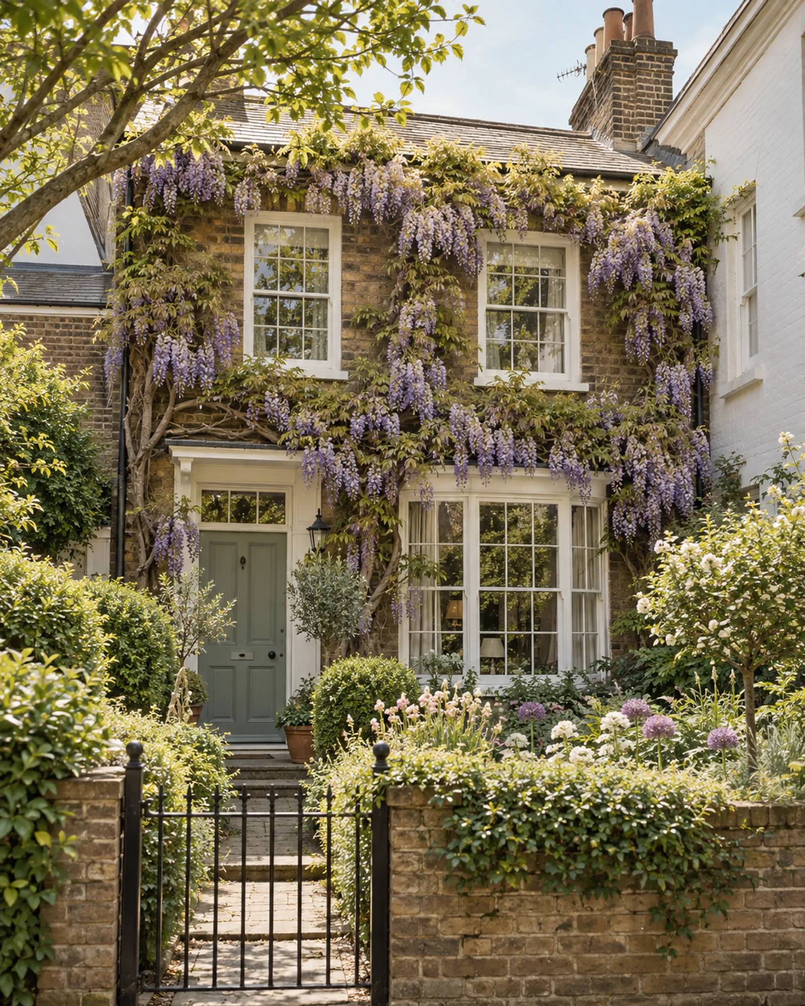 Cottage covered in purple wisteria