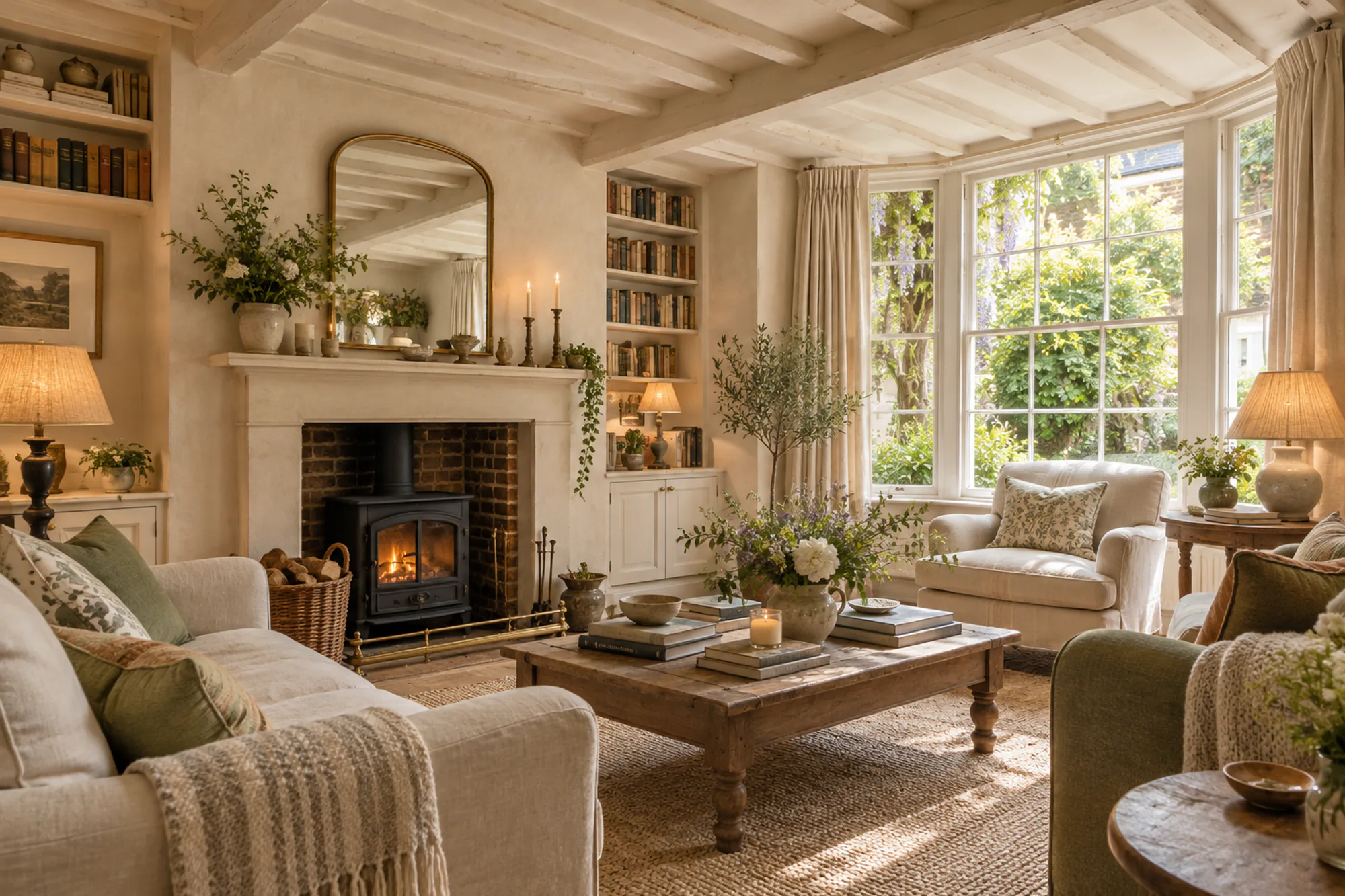 Sitting room with a fireplace and garden view