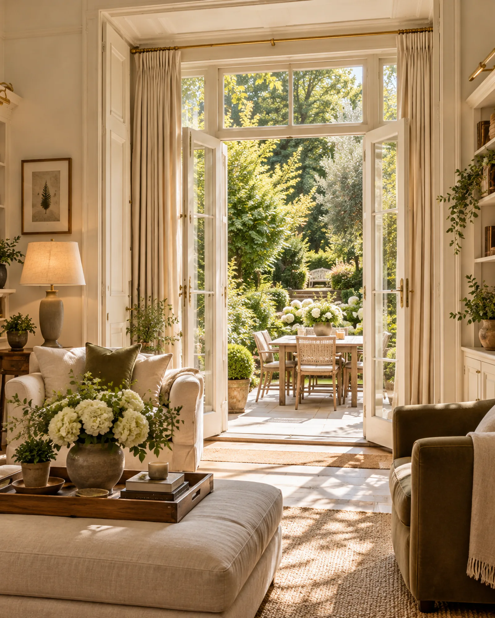 Garden doors opening onto a sunny terrace