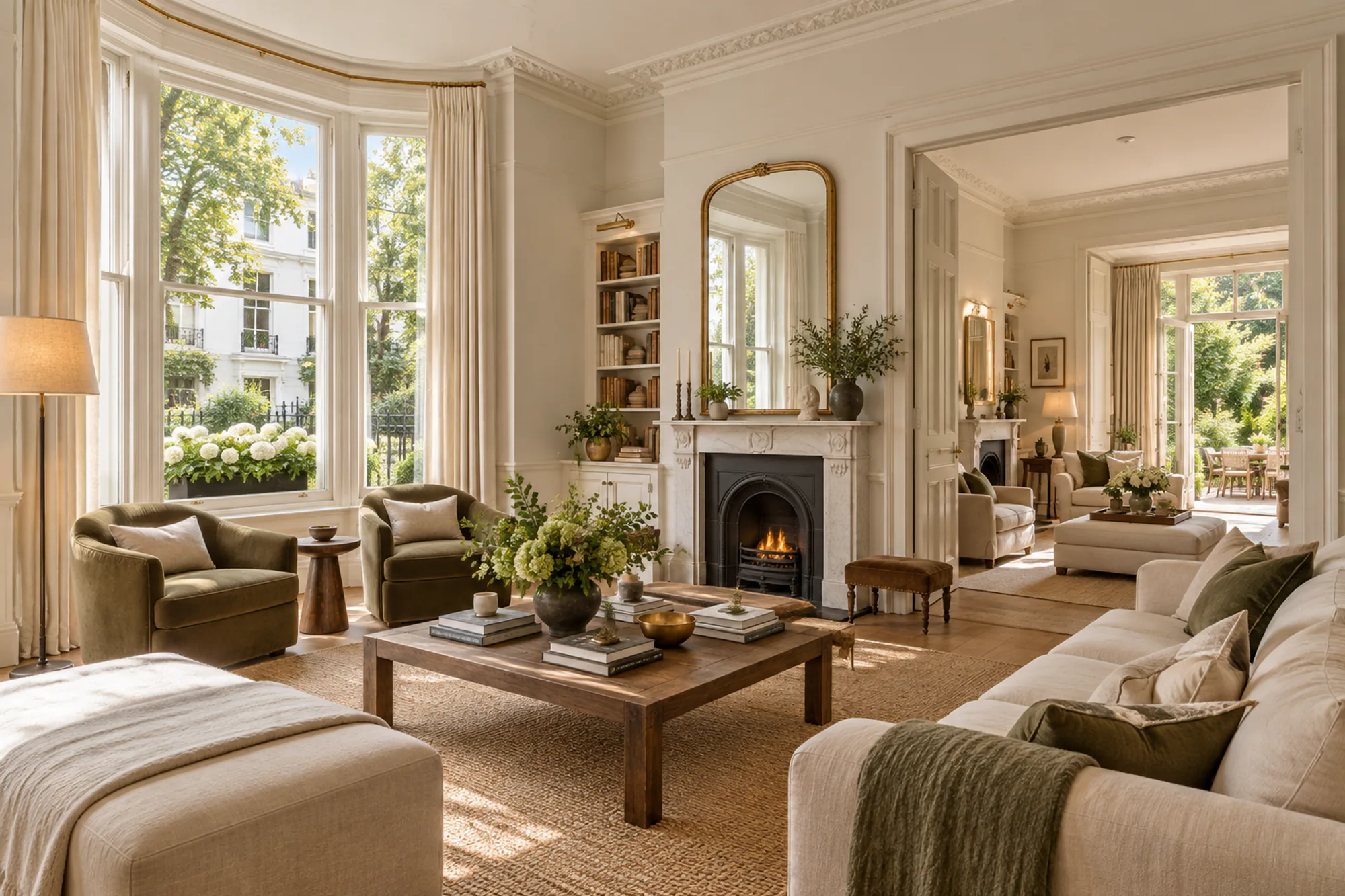 Double reception with a fireplace and sash windows
