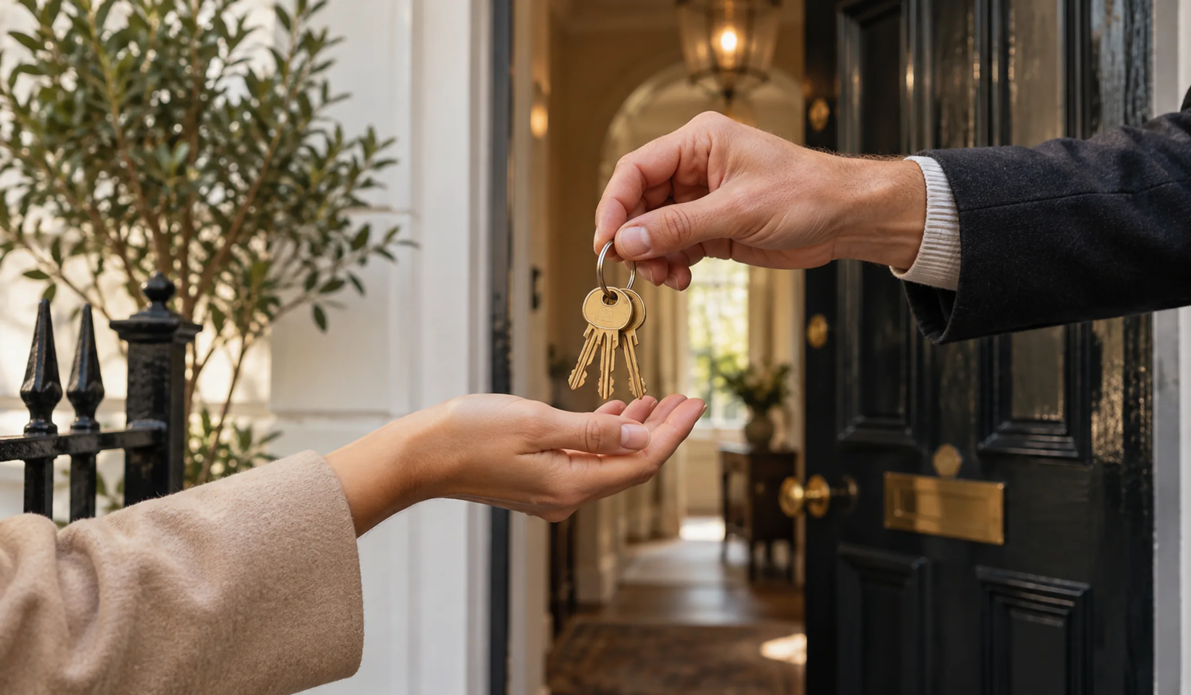 Keys on a brass ring being handed over at a front door