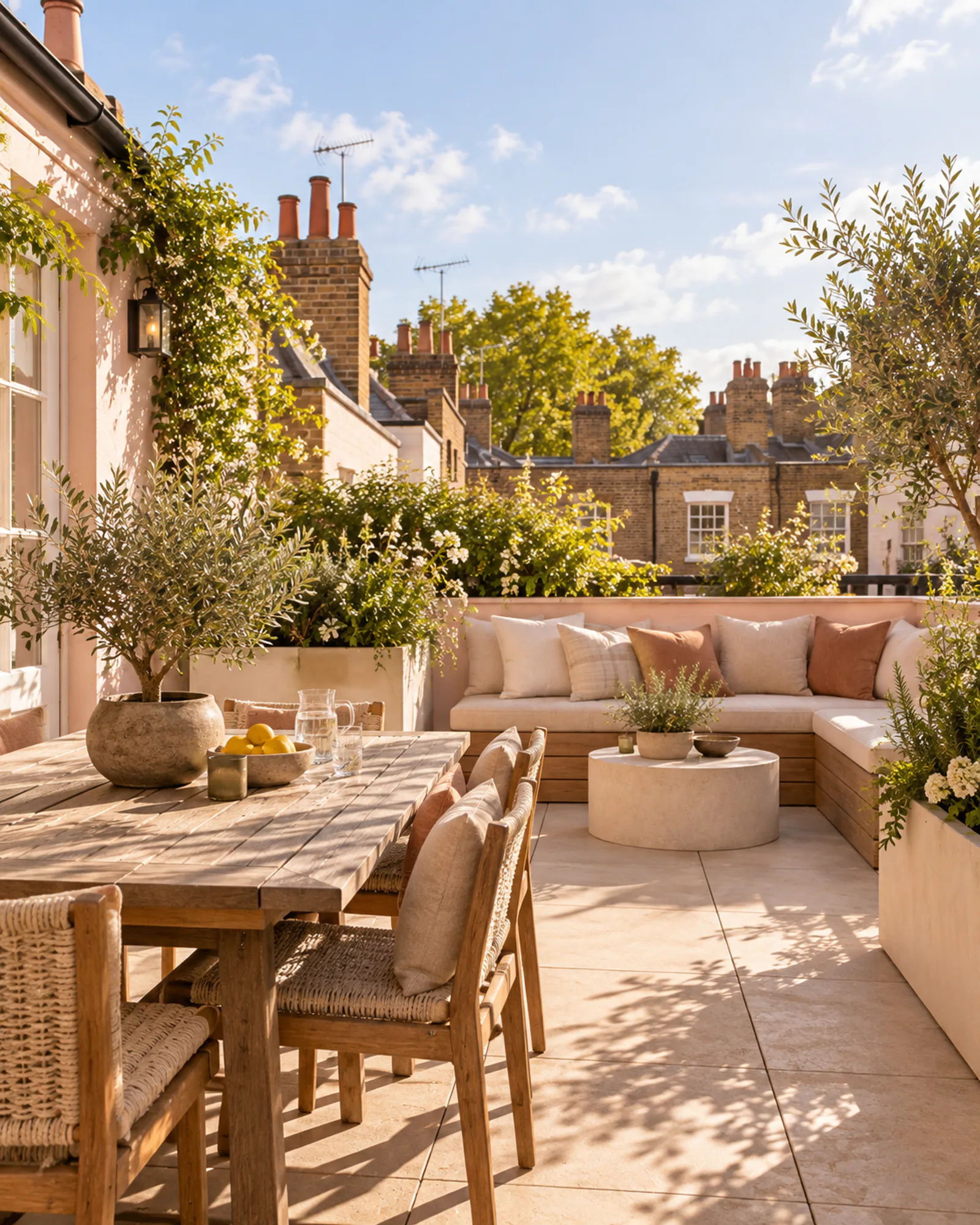 Roof terrace with a dining table and sofa
