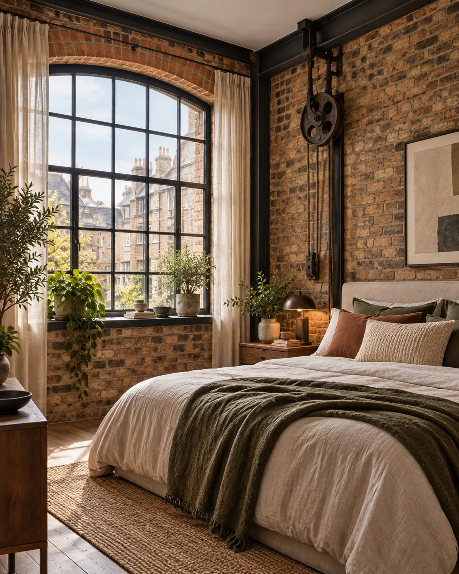 Bedroom under an arched factory window