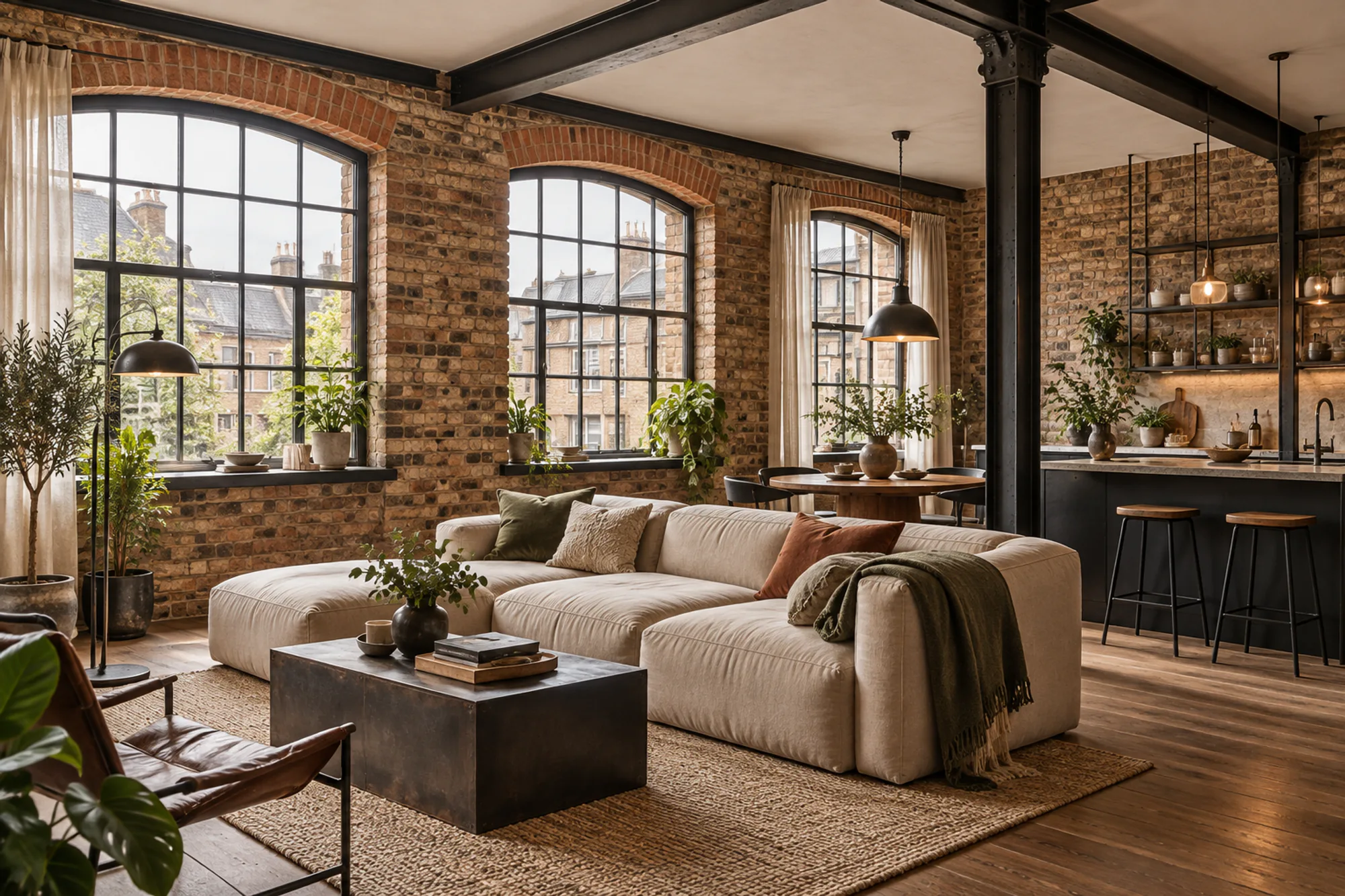 Industrial living room with exposed brick