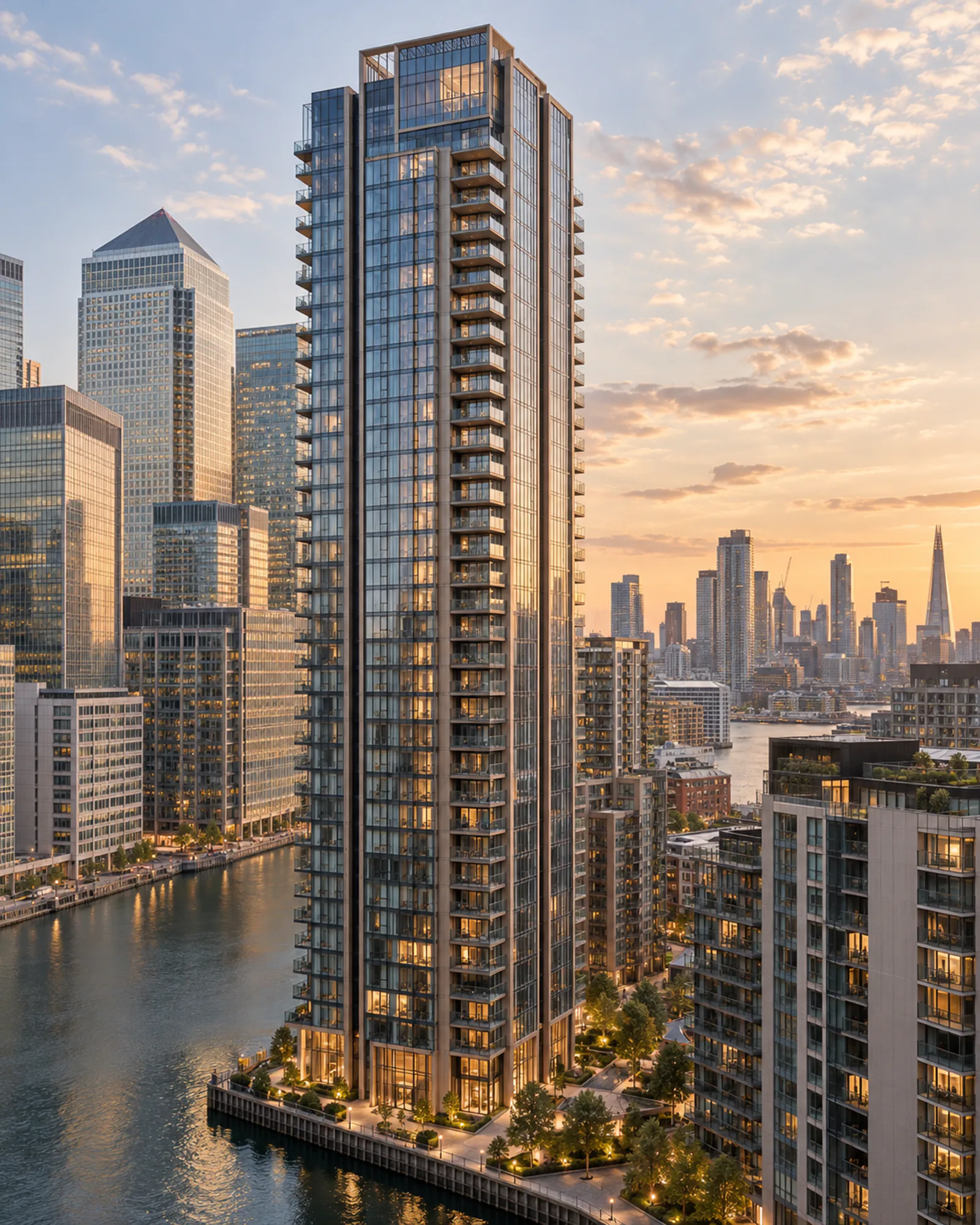 Glass residential tower at sunset