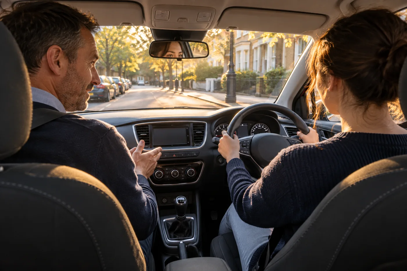 A learner and instructor in a right-hand-drive car