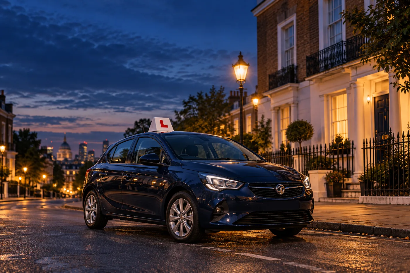 A learner car on a quiet London street at blue hour