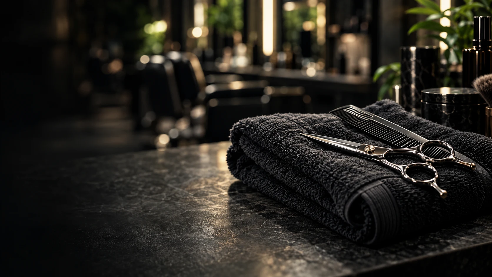 Professional barber tools and a folded charcoal towel