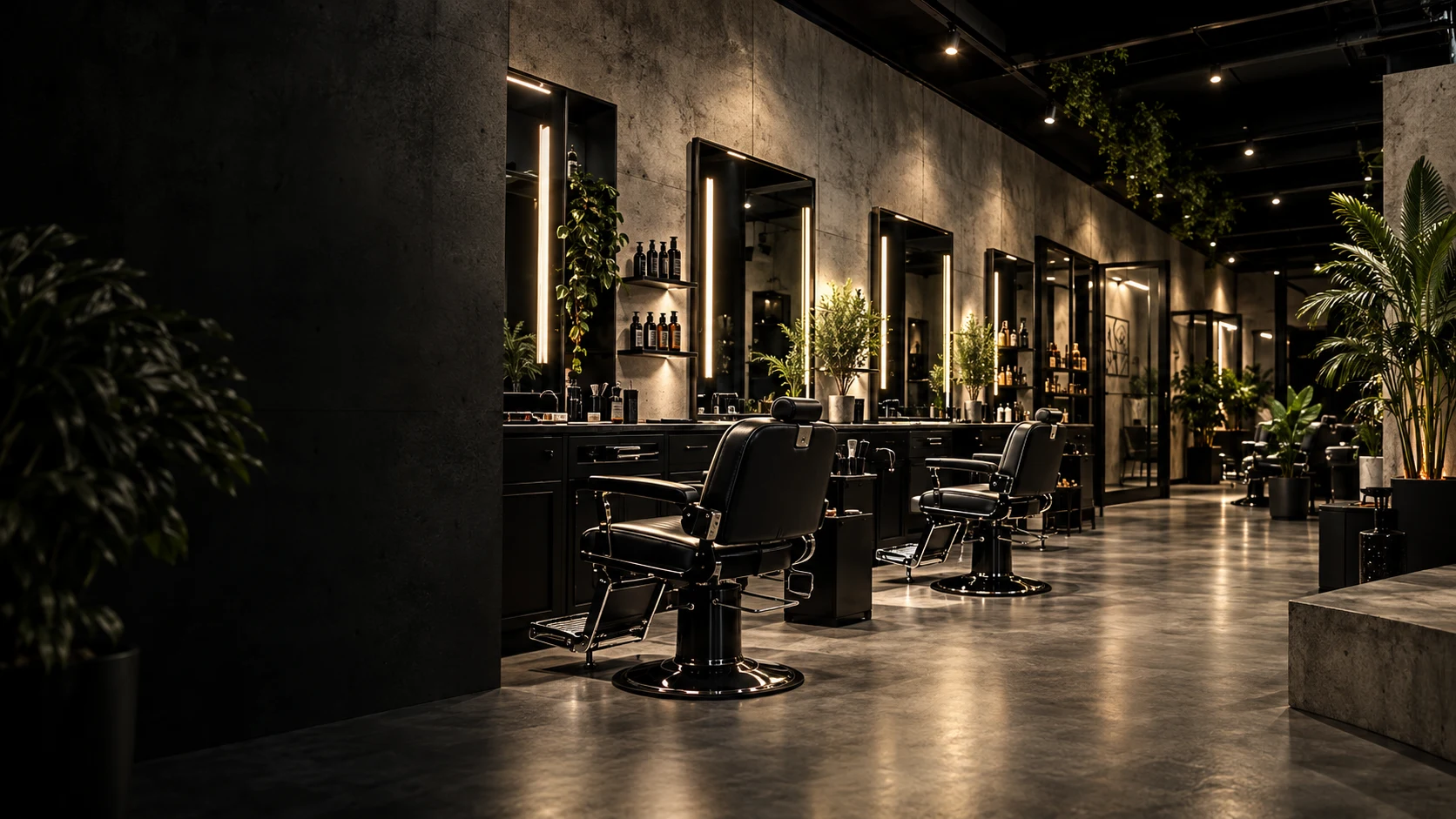 Concrete walls, leather chairs and illuminated mirrors at Zees Barber
