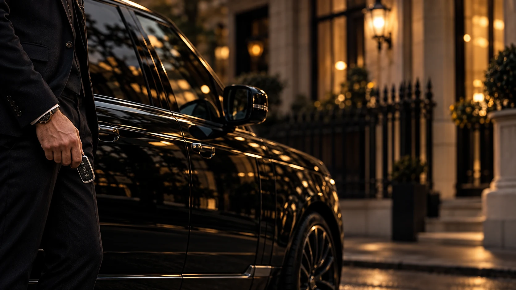 A car key held beside a polished luxury car