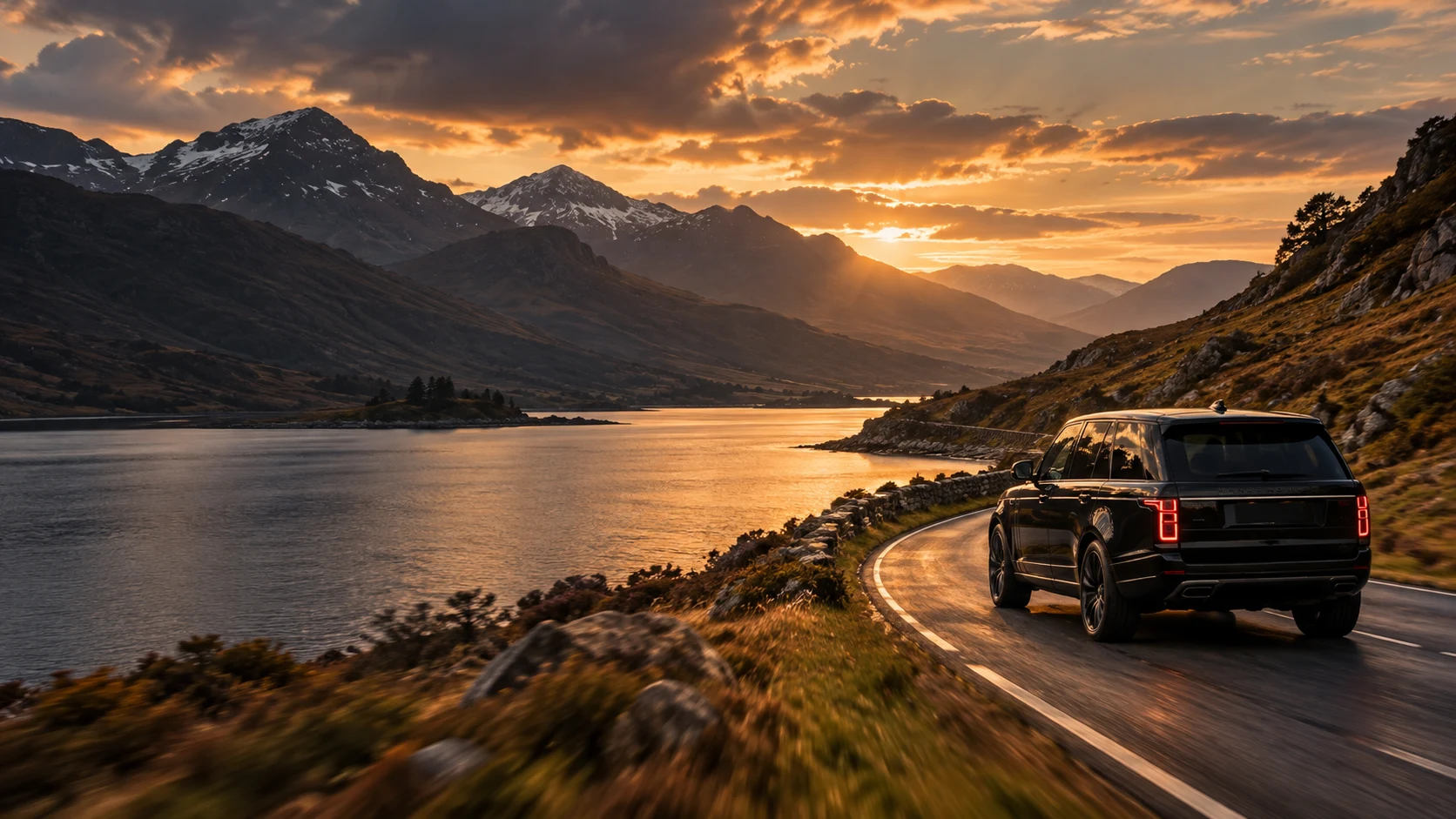 Black Range Rover beside a Highland lake