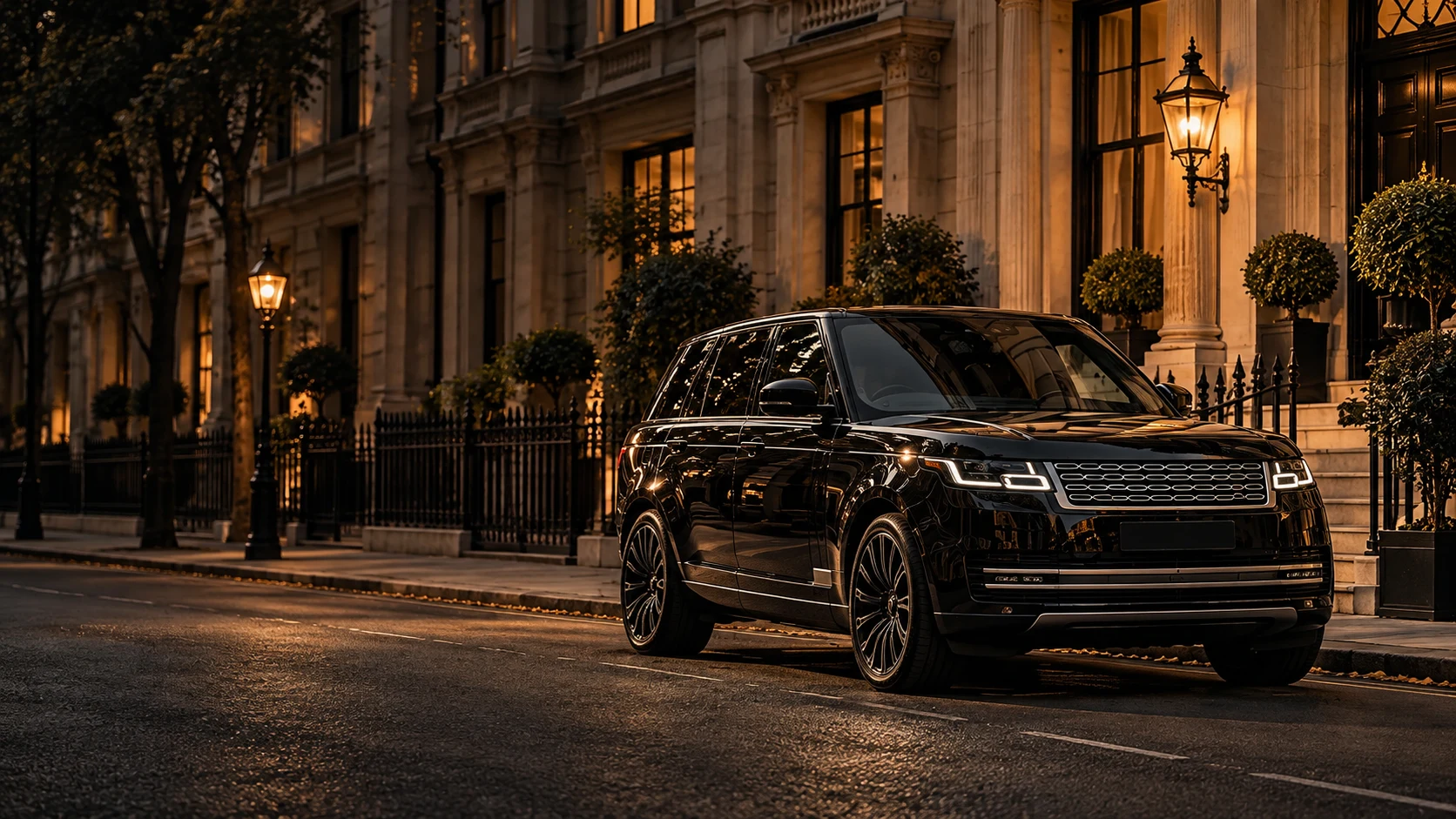 Black Range Rover outside a Mayfair townhouse at dusk