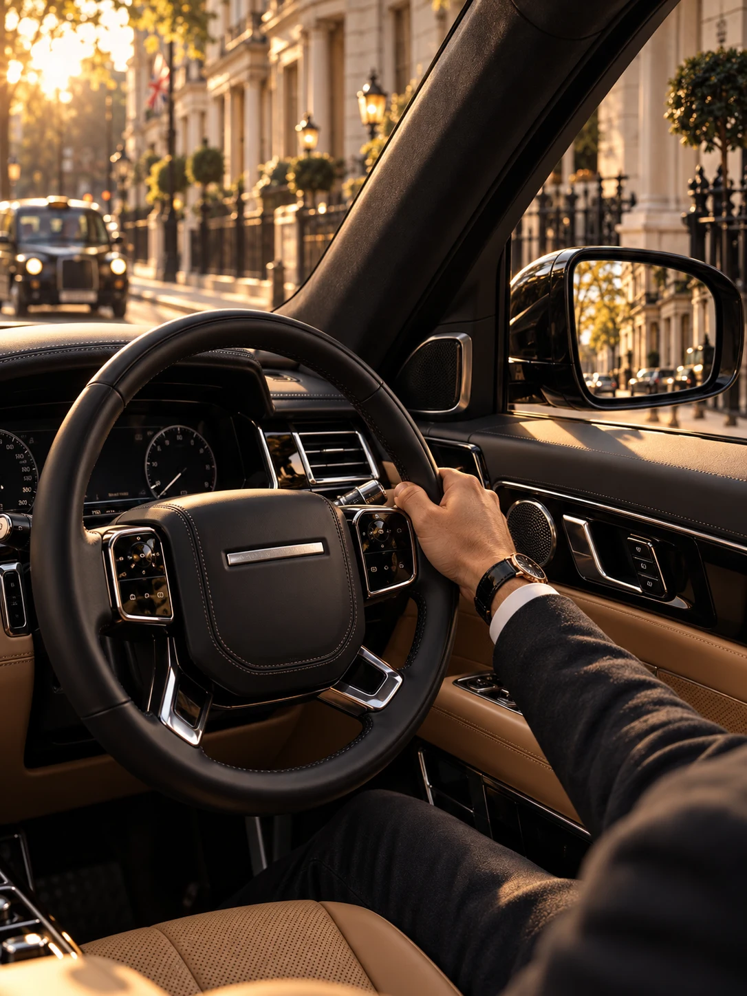 Right-hand-drive luxury cabin with tan leather