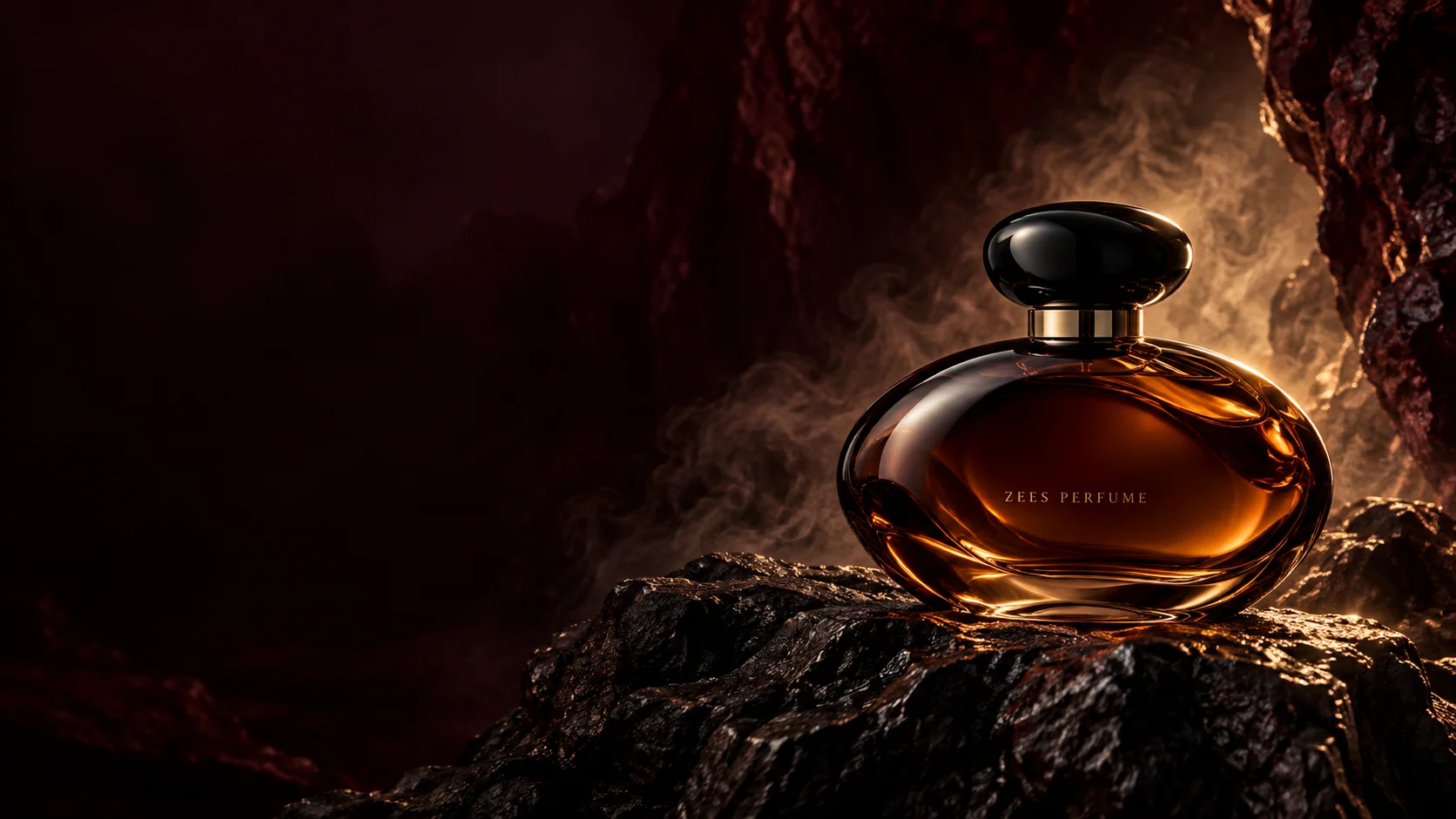 An original amber Zees Perfume bottle in a dark stone atelier