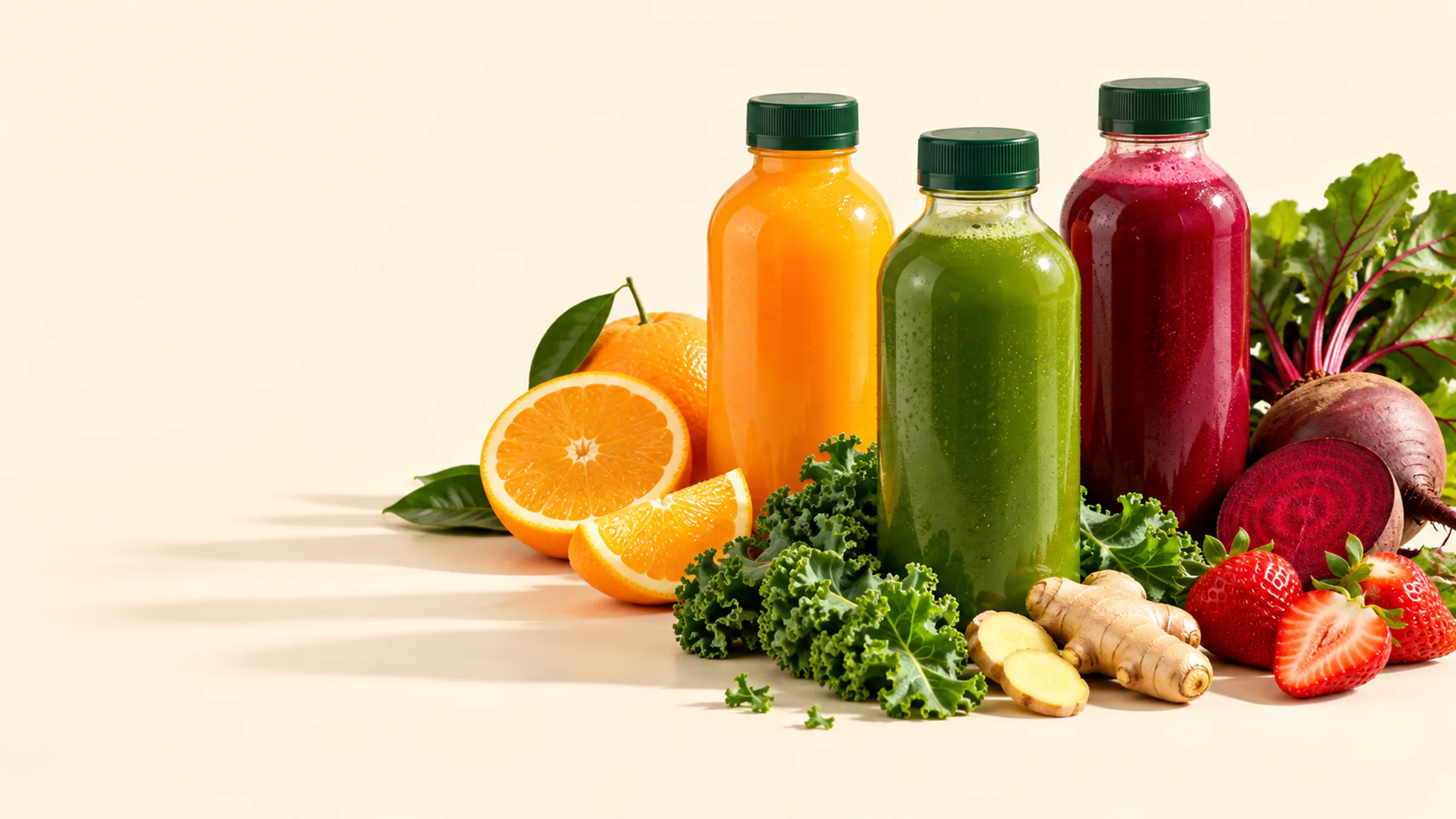 Three cold-pressed juices — orange, green and beetroot — surrounded by fresh fruit and veg