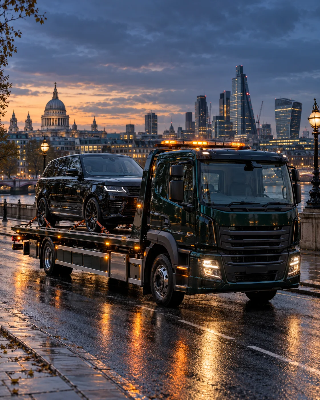 A flatbed recovery truck carrying a black SUV at dusk