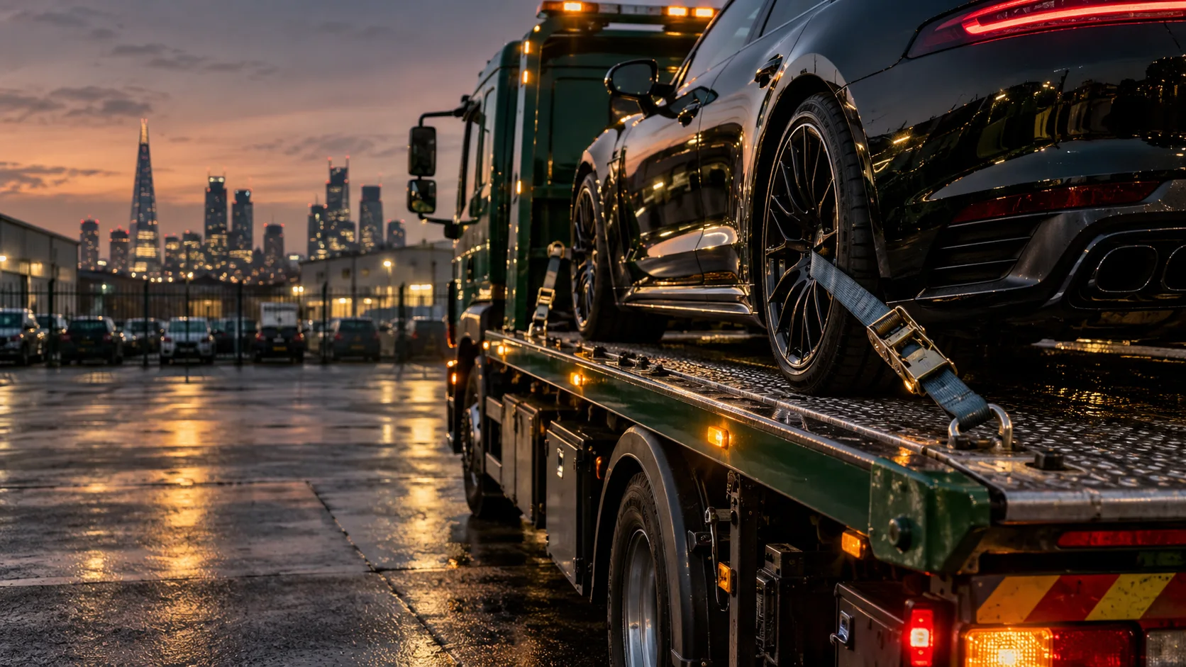 A vehicle secured to a recovery flatbed at a depot