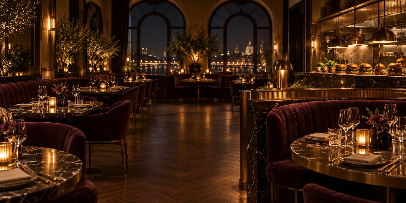 An intimate candlelit restaurant with velvet seating and beautifully set tables
