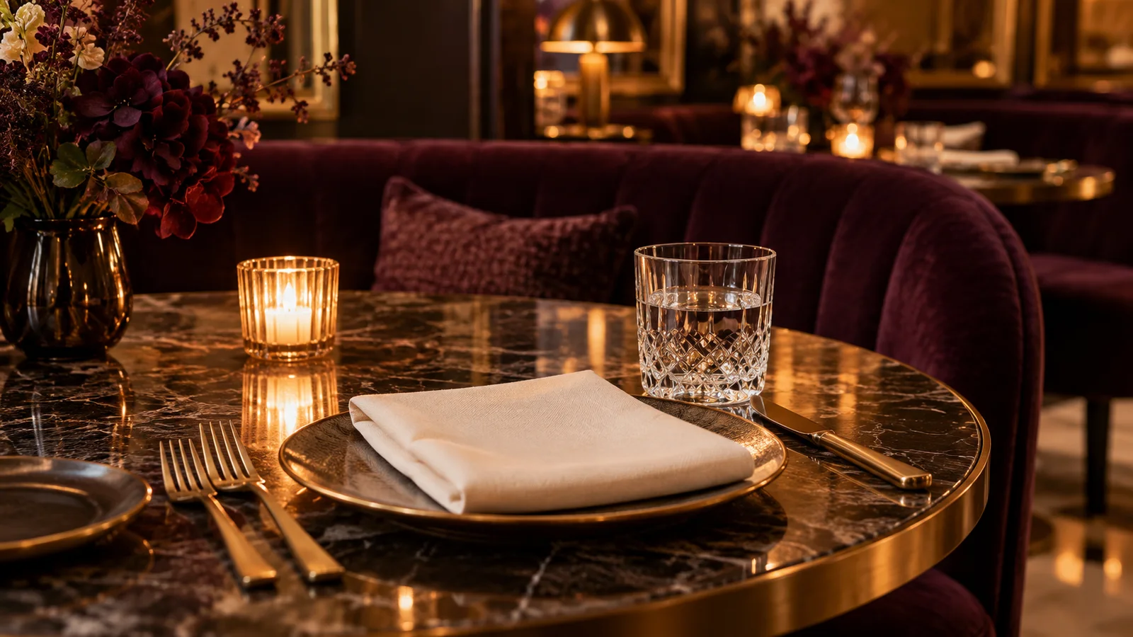 Candlelight, crystal glassware and ivory linen at an intimate restaurant table