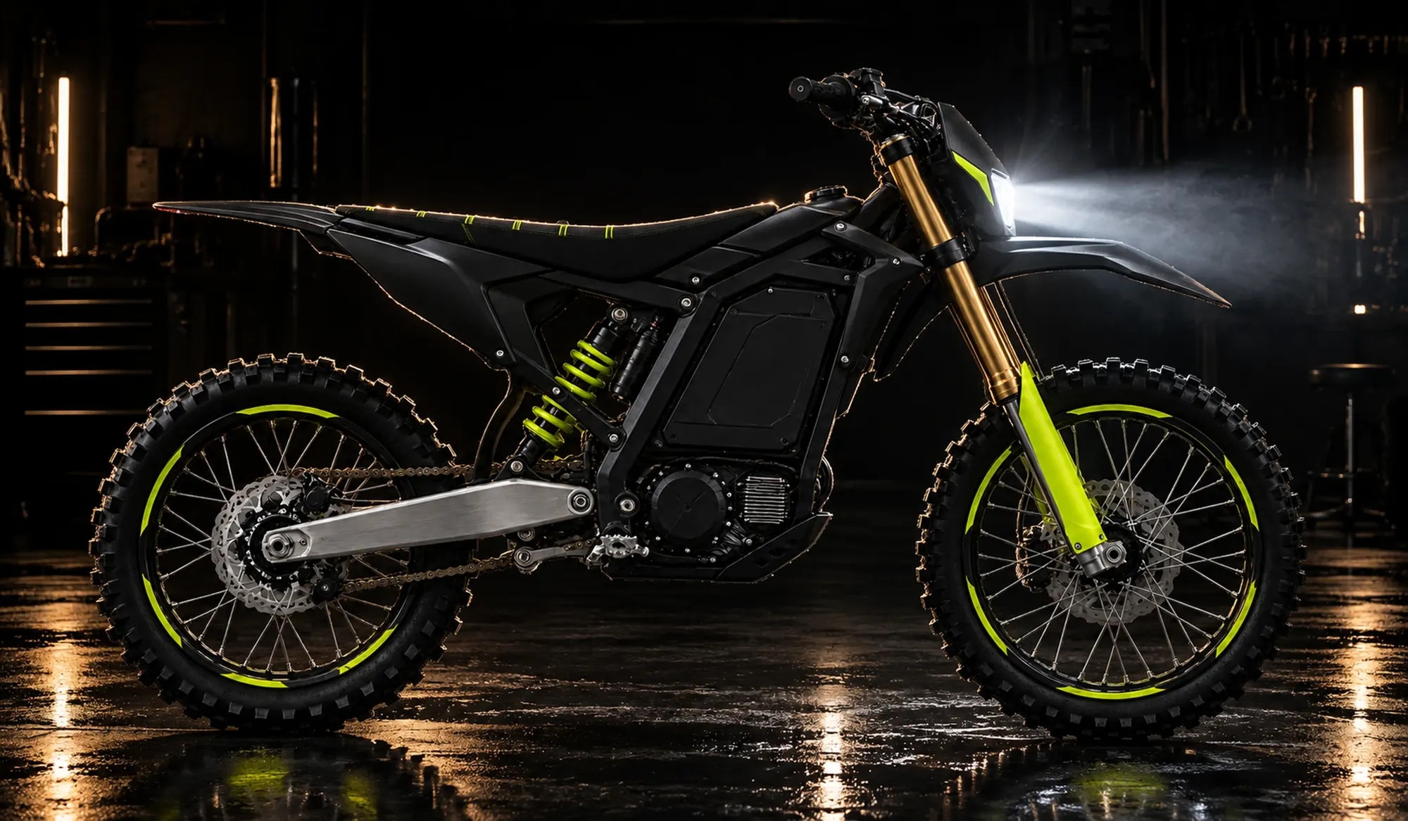 The RIFT electric trail bike in a dark workshop, lit by its headlight