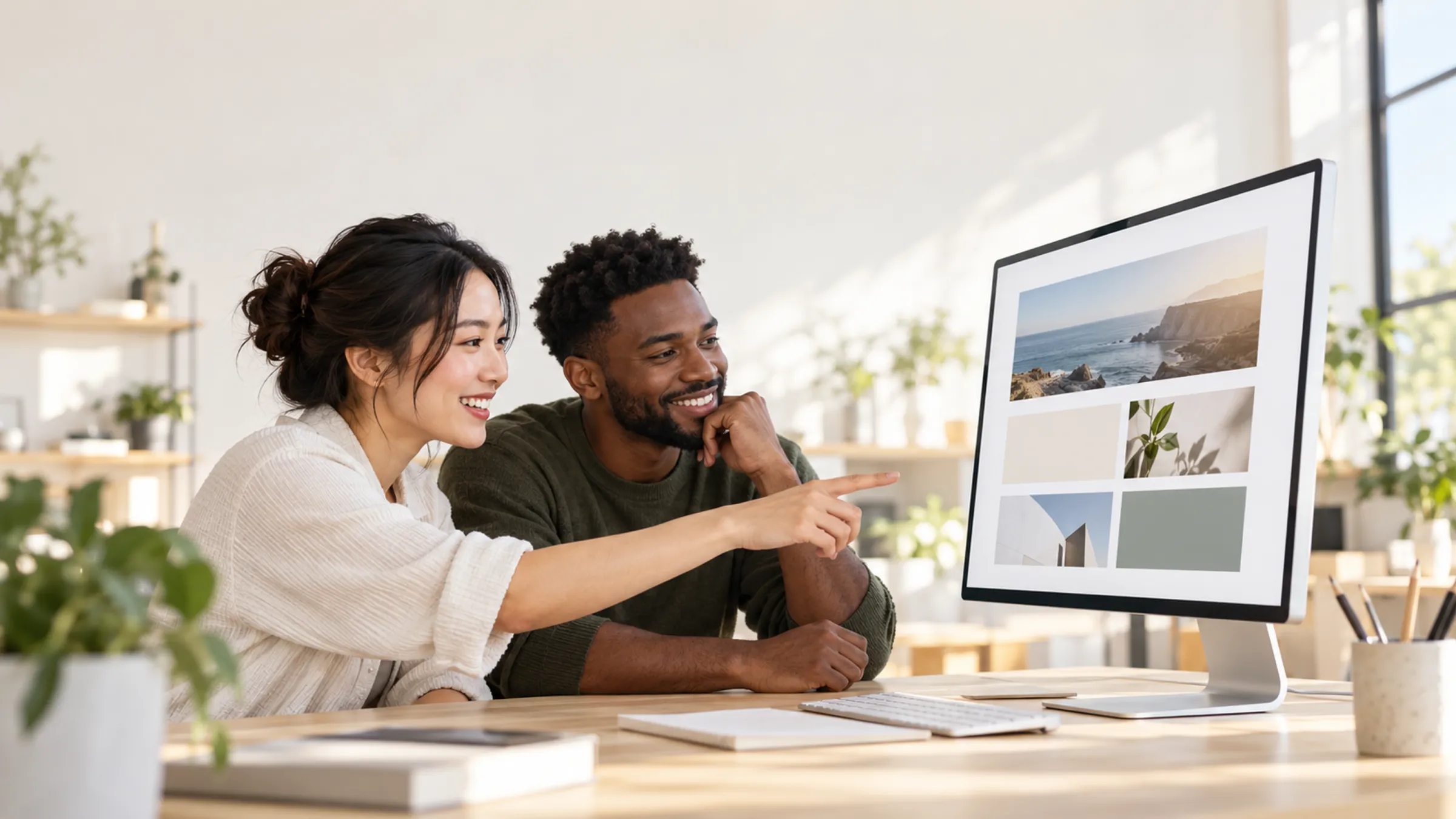 Two people reviewing a website on a big monitor