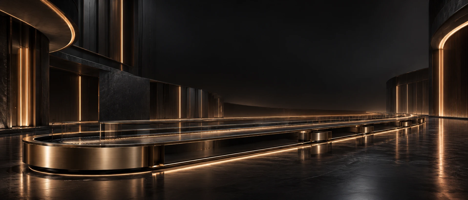 A dark bronze and glass exhibition conveyor in a luxury gallery
